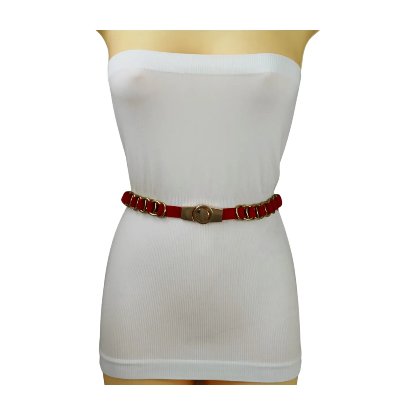 Red Elastic Skinny Band Belt Gold Chain Links S M