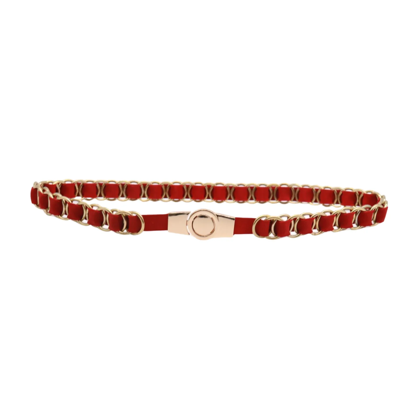 Red Elastic Skinny Band Belt Gold Chain Links S M