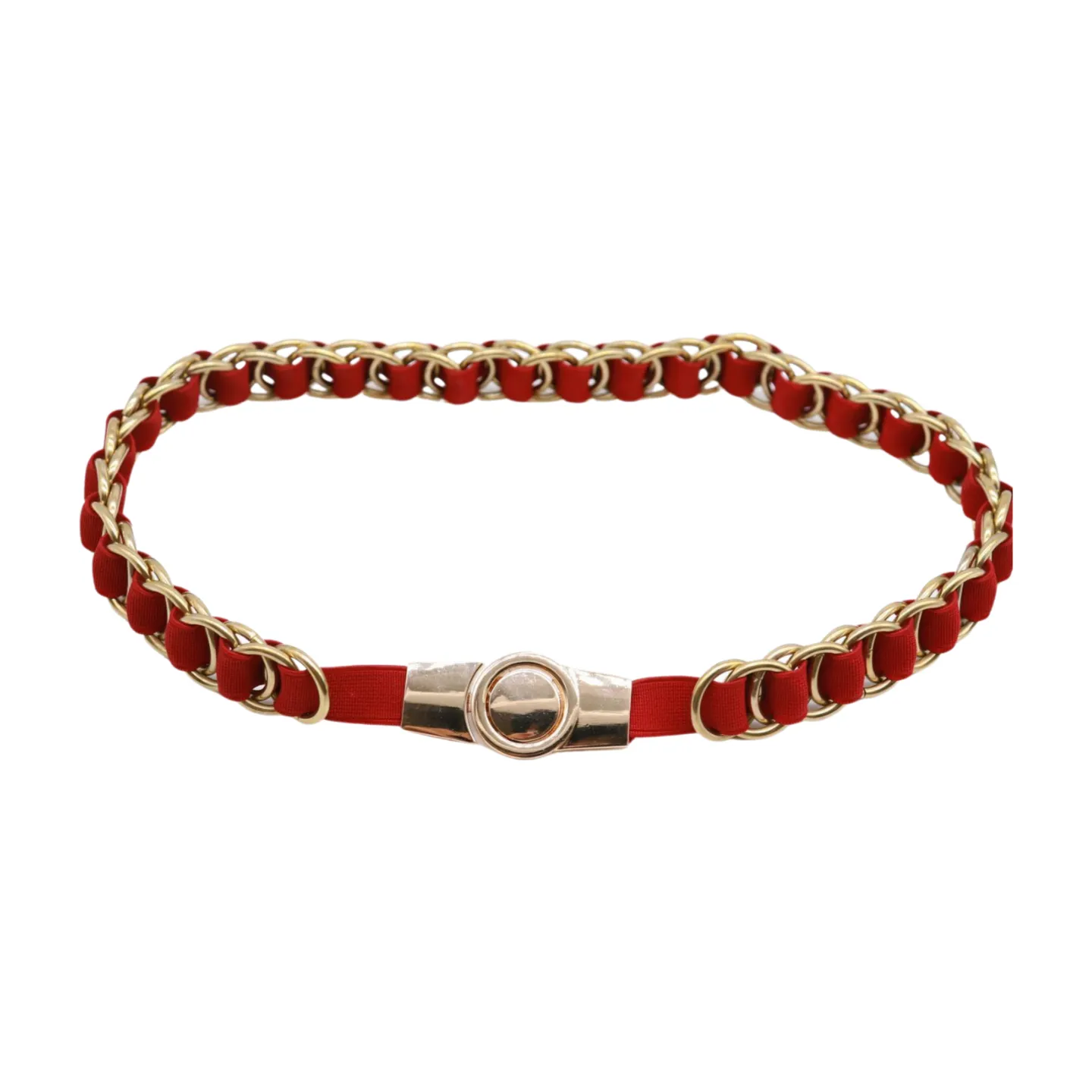 Red Elastic Skinny Band Belt Gold Chain Links S M