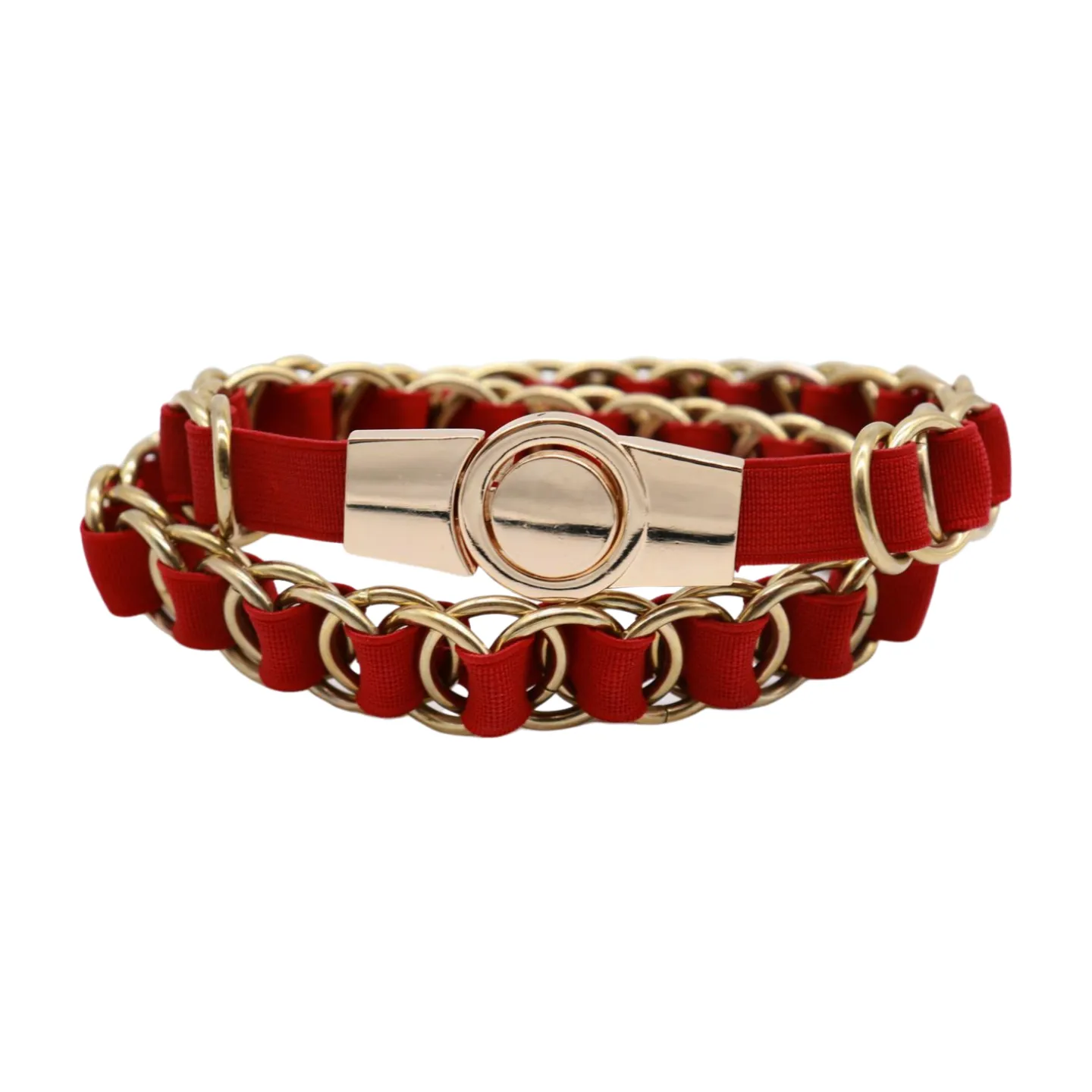 Red Elastic Skinny Band Belt Gold Chain Links S M
