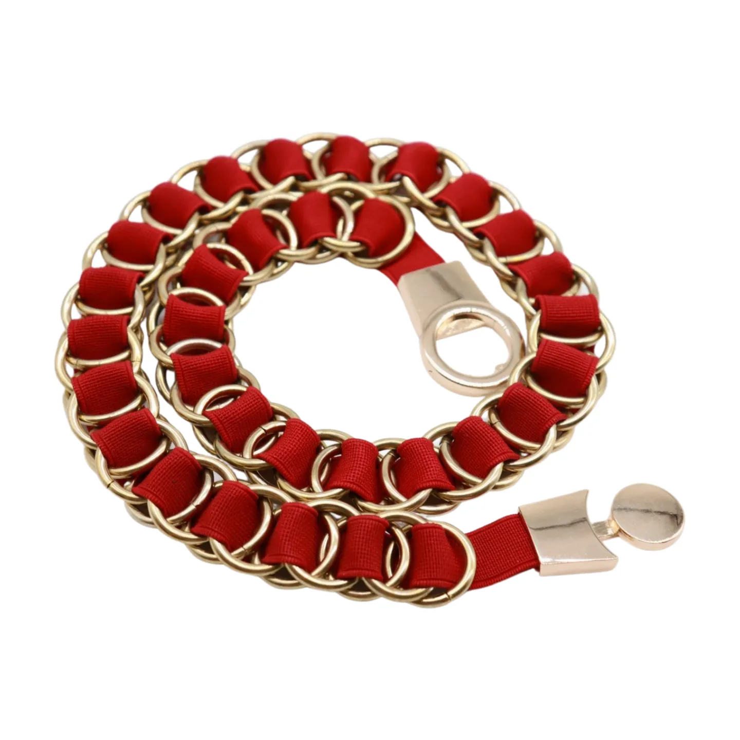 Red Elastic Skinny Band Belt Gold Chain Links S M