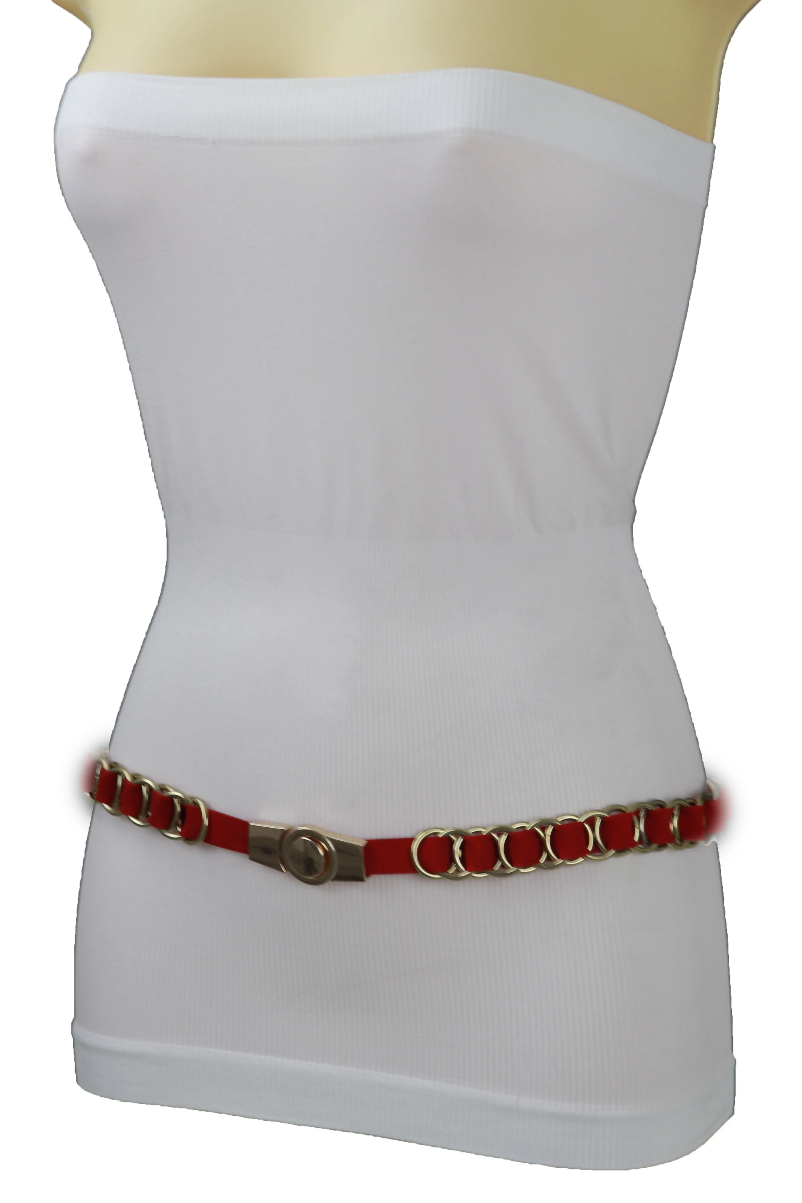Red Elastic Skinny Band Belt Gold Chain Links S M