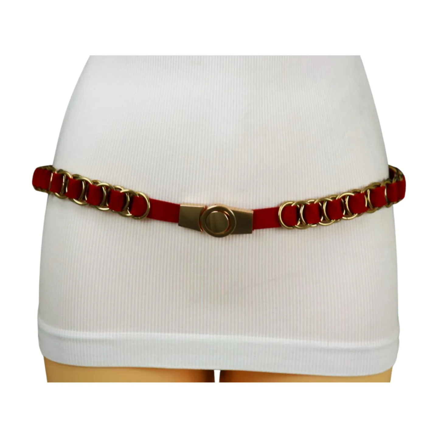 Red Elastic Skinny Band Belt Gold Chain Links S M