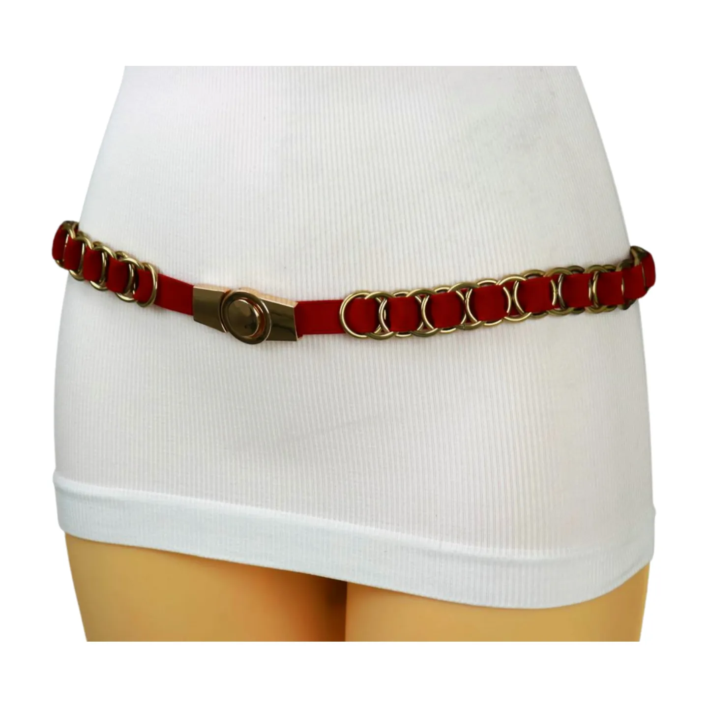 Red Elastic Skinny Band Belt Gold Chain Links S M