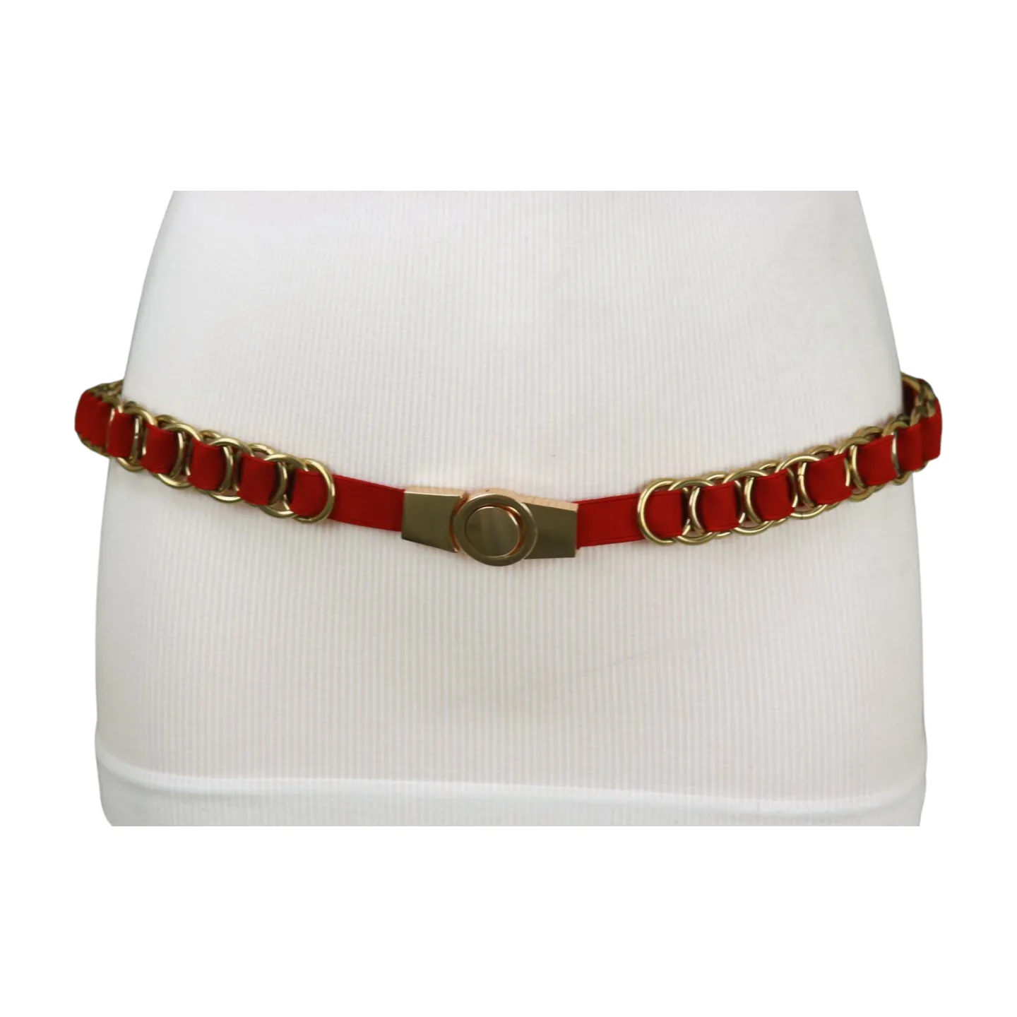 Red Elastic Skinny Band Belt Gold Chain Links S M