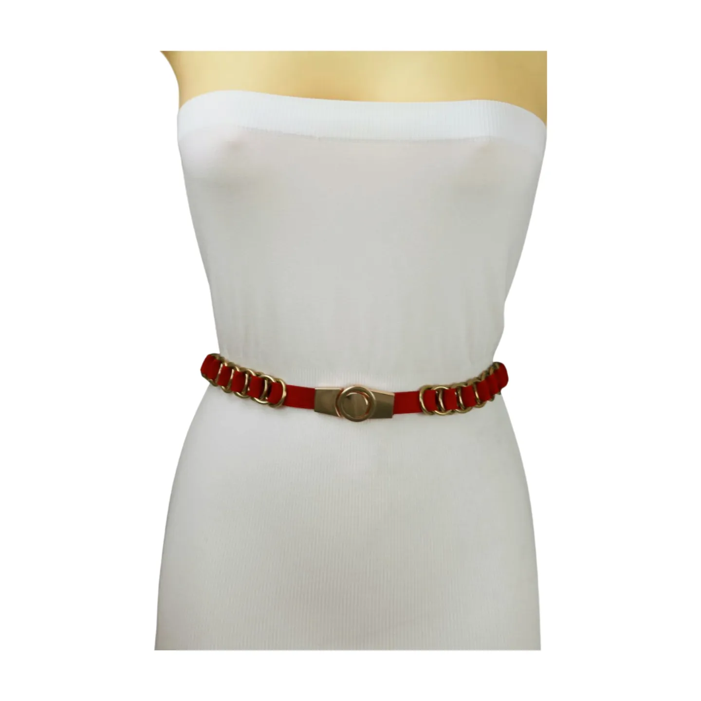 Red Elastic Skinny Band Belt Gold Chain Links S M