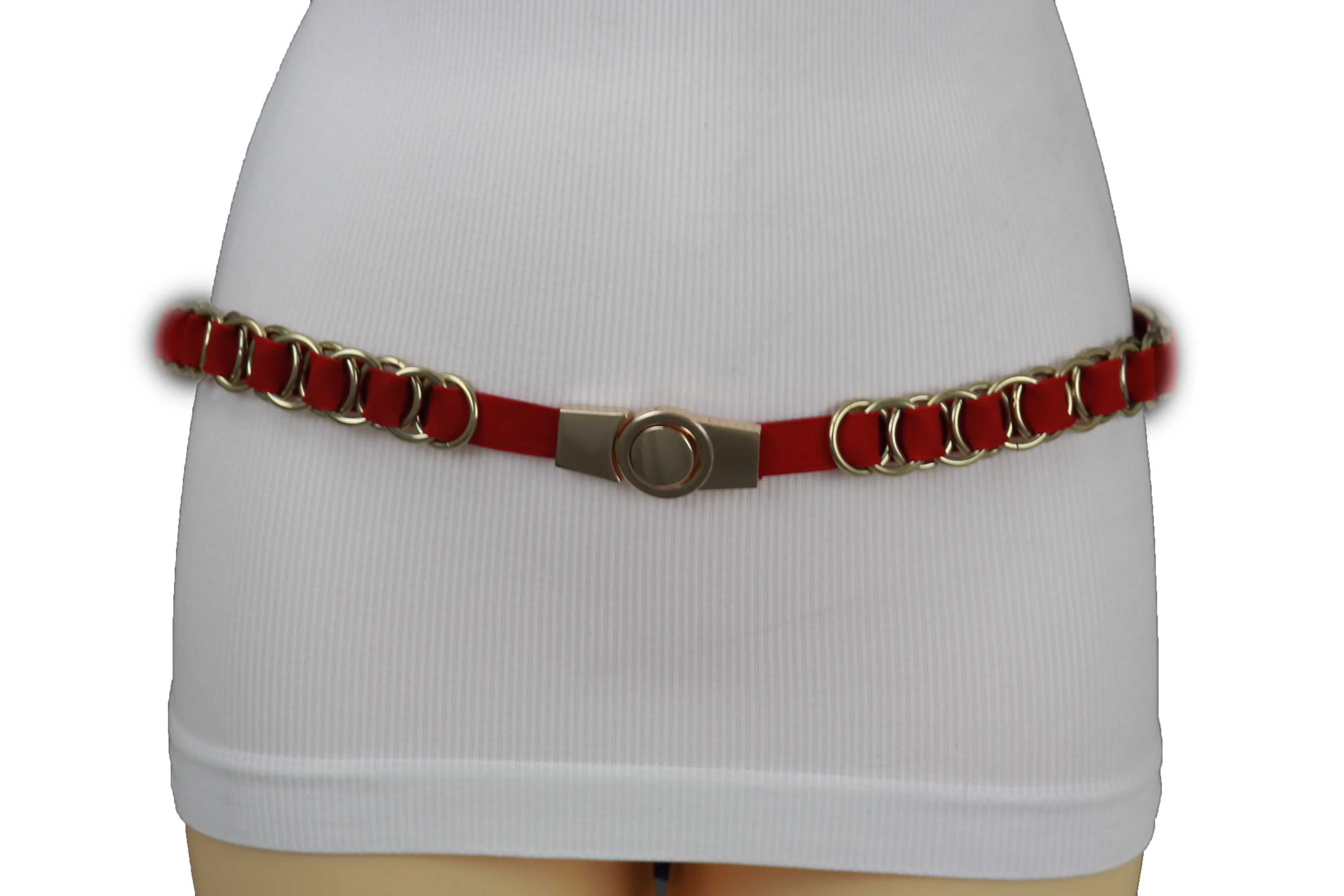 Red Elastic Skinny Band Belt Gold Chain Links S M