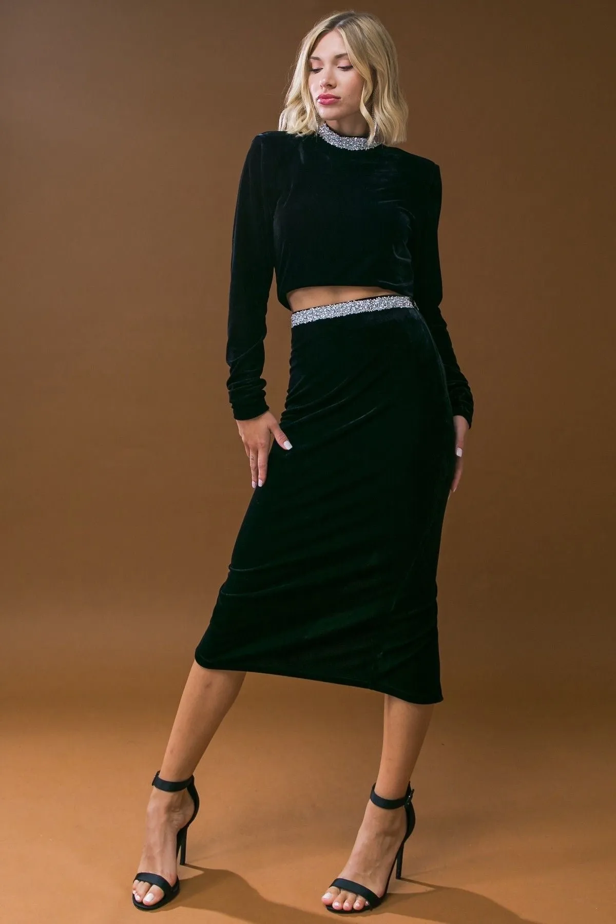 Rhinestone Embellished Velvet Skirt