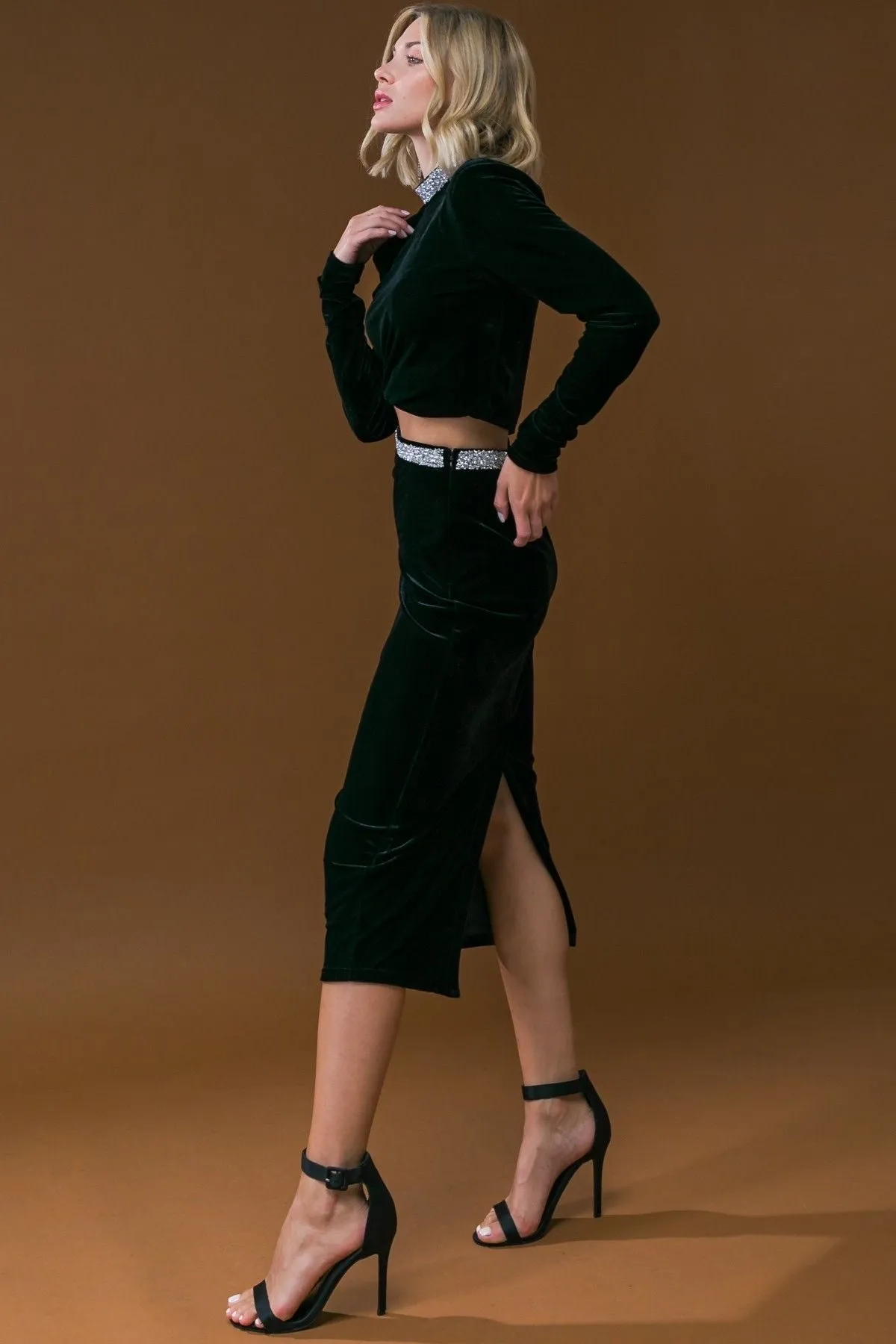 Rhinestone Embellished Velvet Skirt