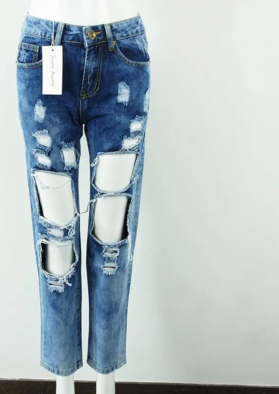 Ripped Jeans Pants Vintage Straight Jeans Mid Waist