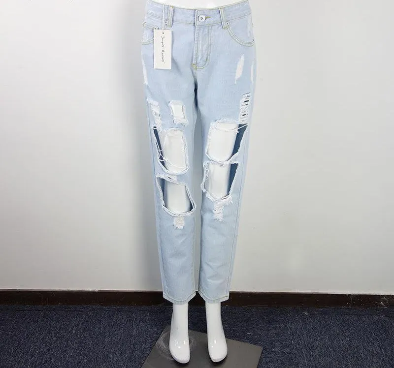Ripped Jeans Pants Vintage Straight Jeans Mid Waist