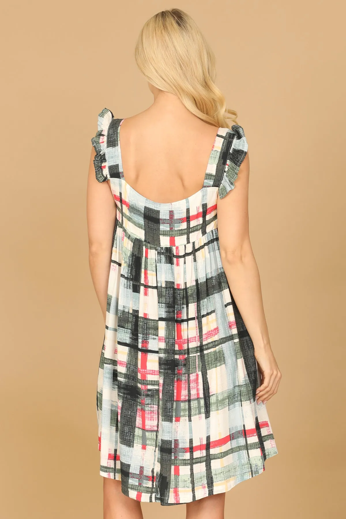 RUFFLE STRAP PLAID HIGH-LOW MINI DRESS