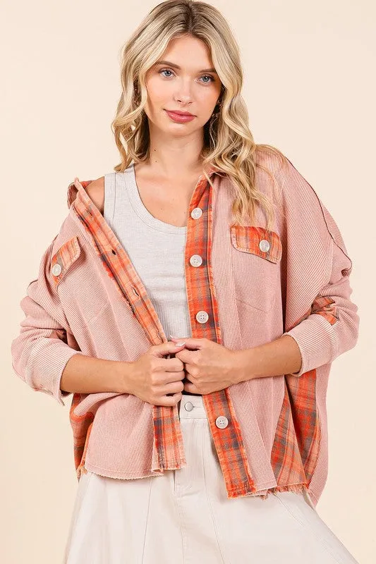 Rust Color Mineral Washed Plaid Button Down Shacket