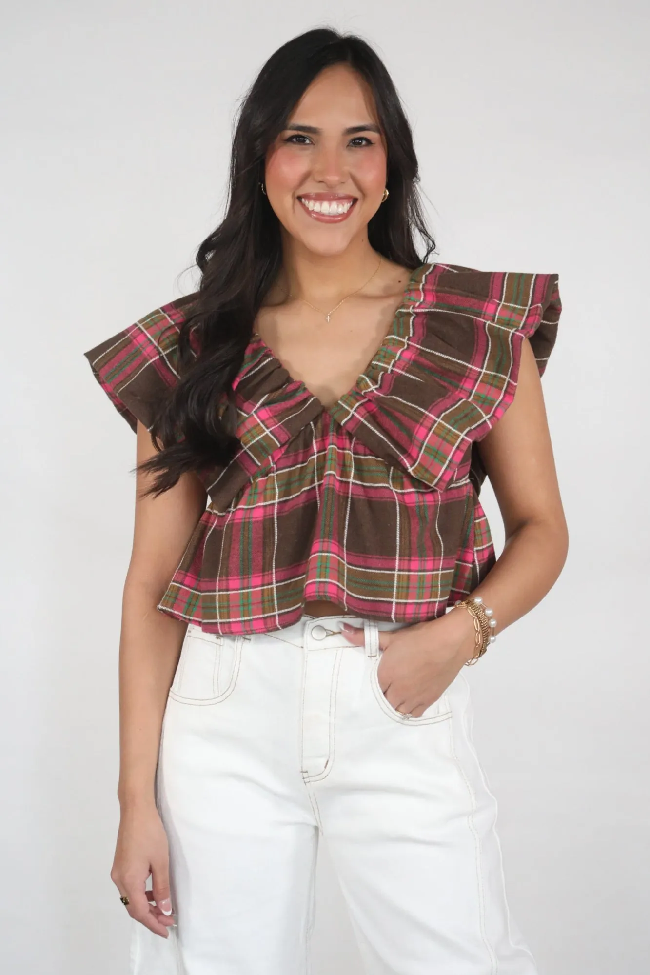 Rustic Charm Plaid Babydoll Crop Top