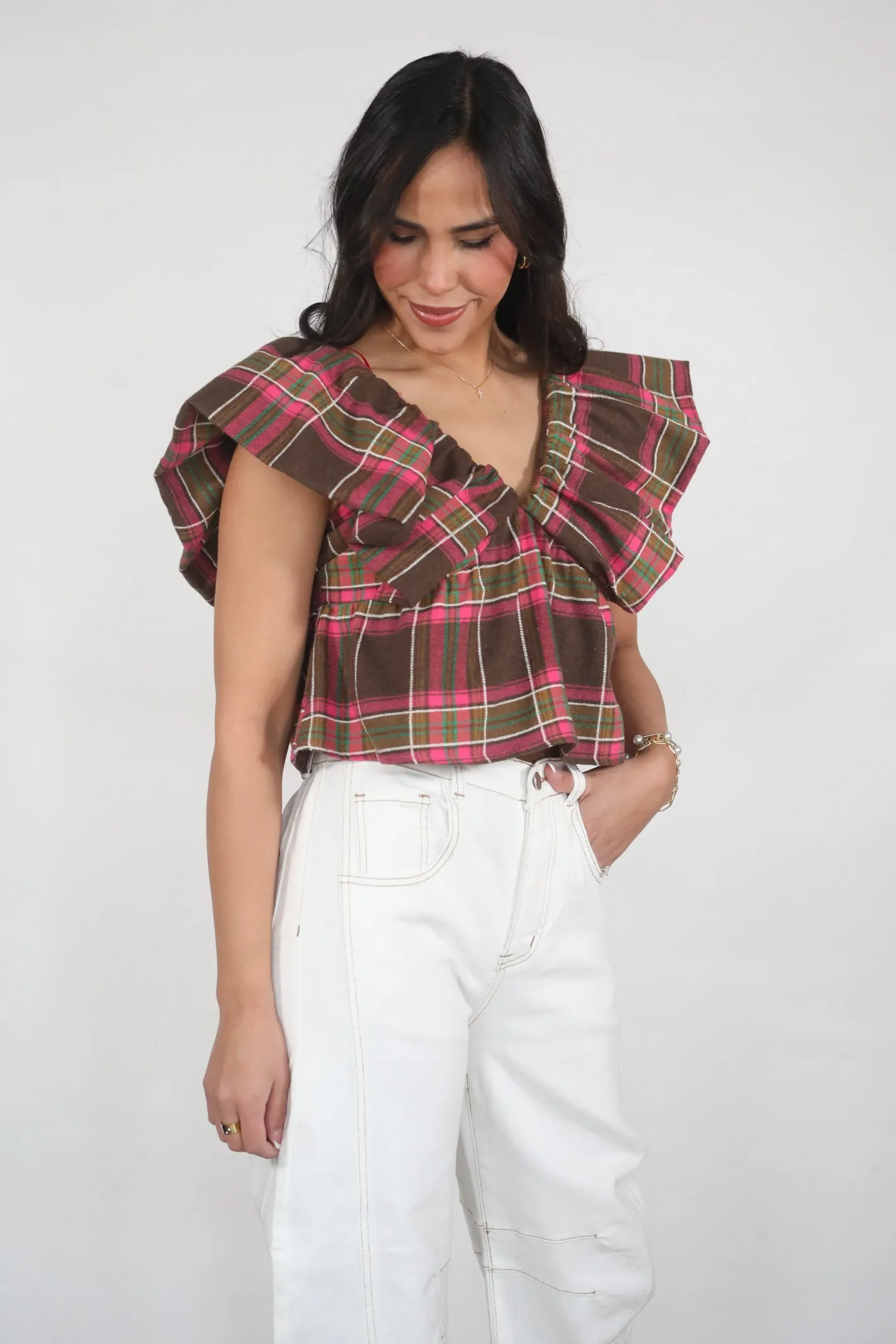 Rustic Charm Plaid Babydoll Crop Top