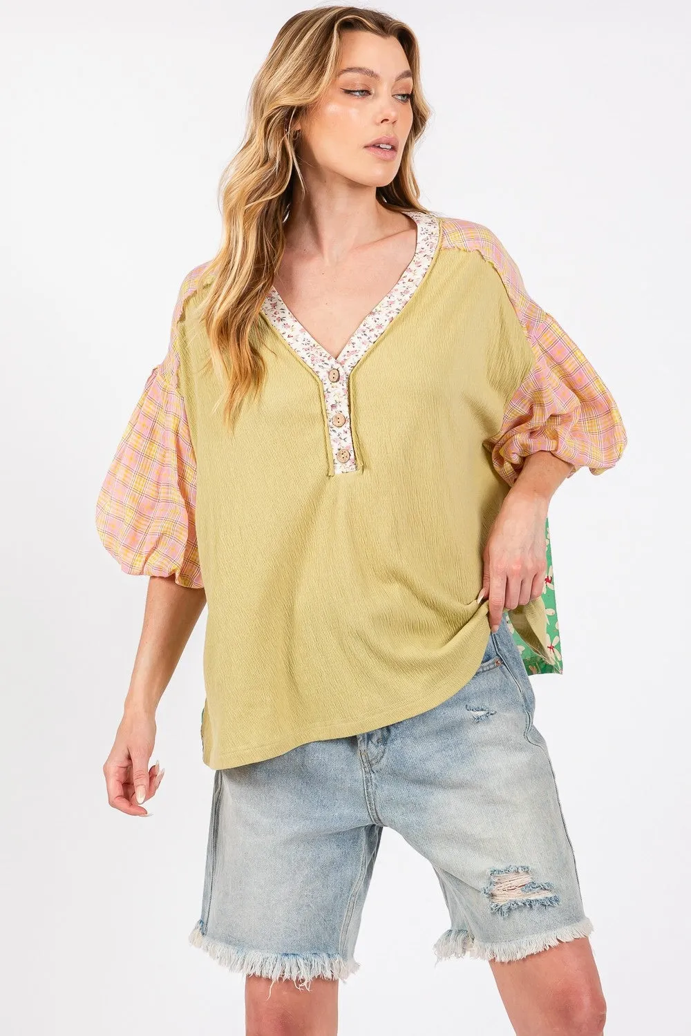 SAGE   FIG Color Block Bubble Sleeve Top