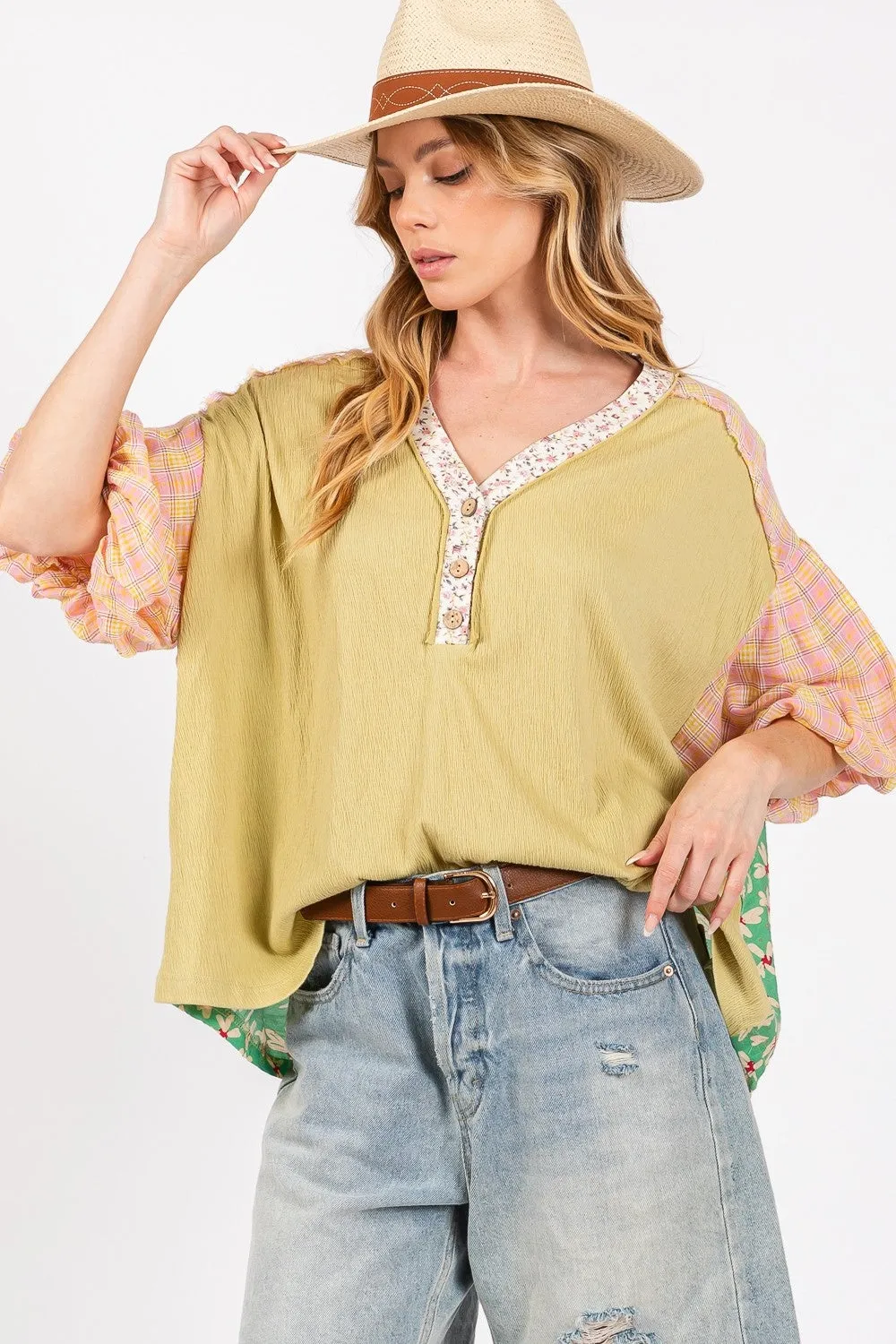 SAGE   FIG Color Block Bubble Sleeve Top