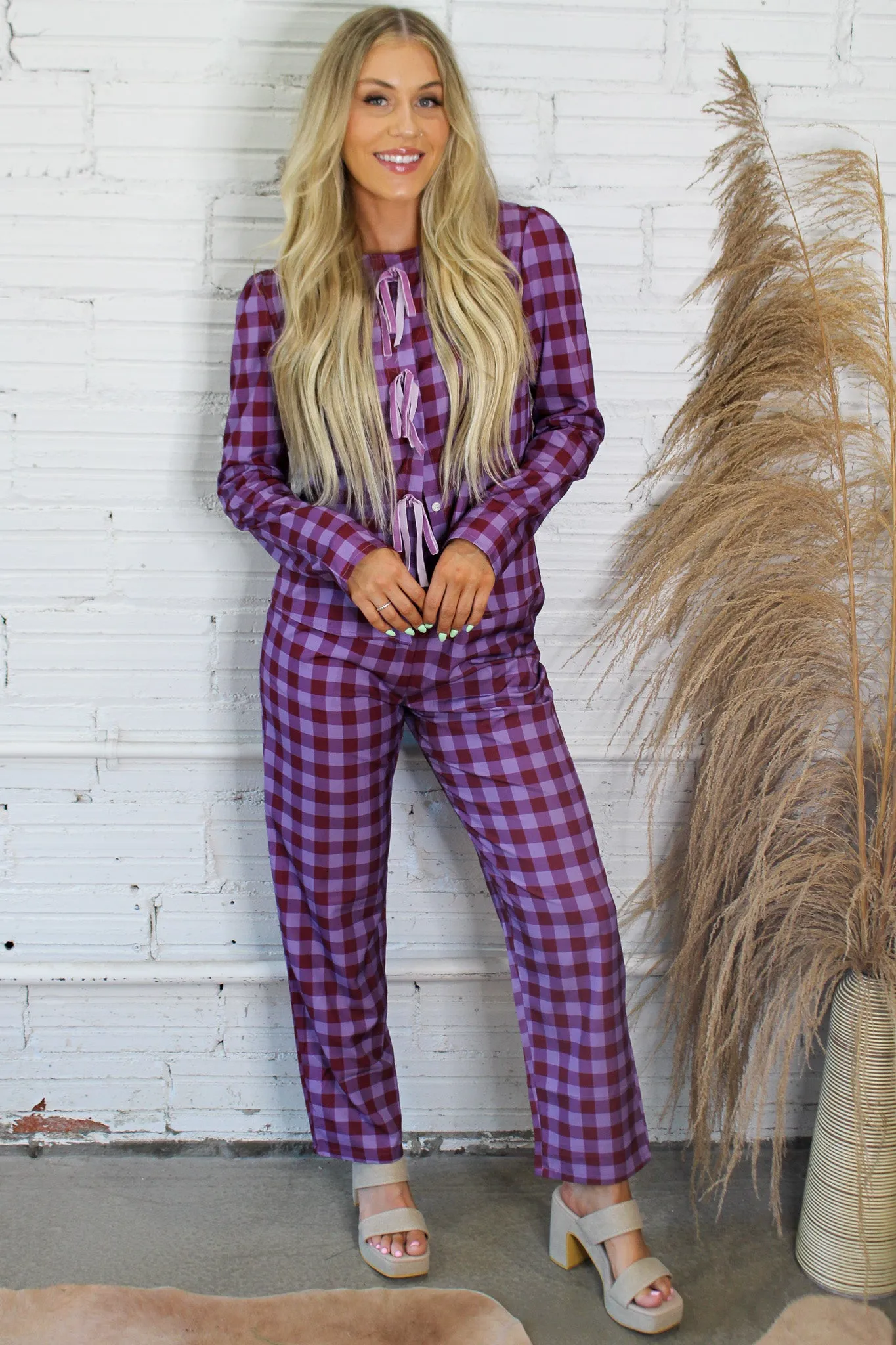 Sangria Pink Plaid Long Sleeve Tie Top