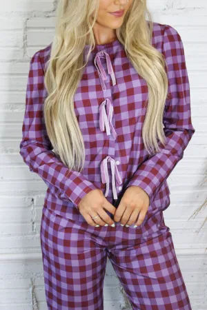 Sangria Pink Plaid Long Sleeve Tie Top