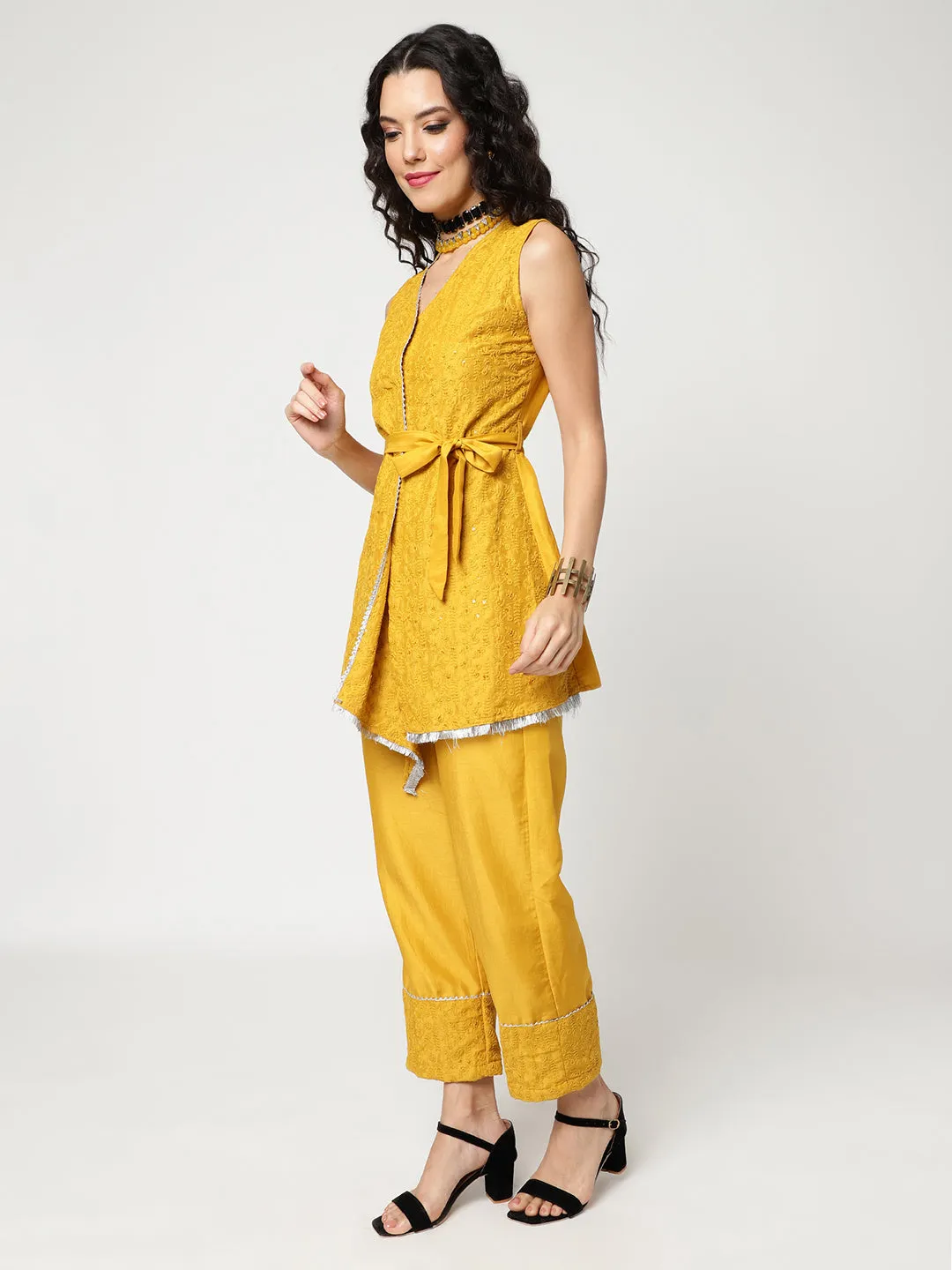 Self Embroidered Asymmetric Top With Belt And Stylish Pants Set Having Lace Details
