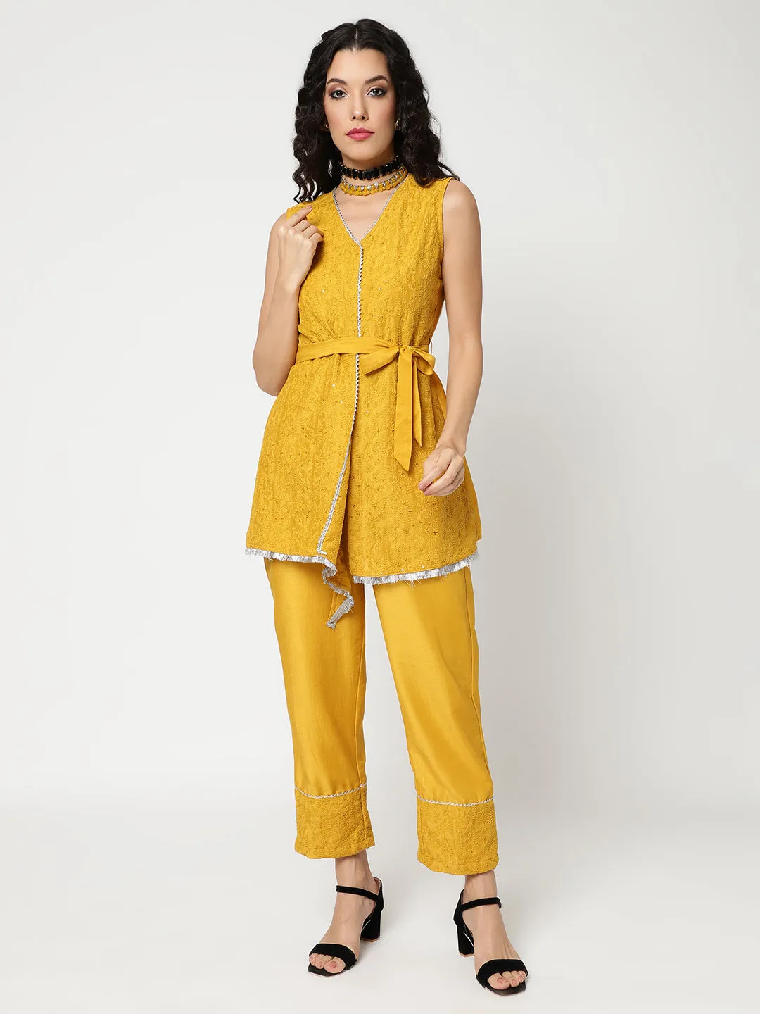 Self Embroidered Asymmetric Top With Belt And Stylish Pants Set Having Lace Details