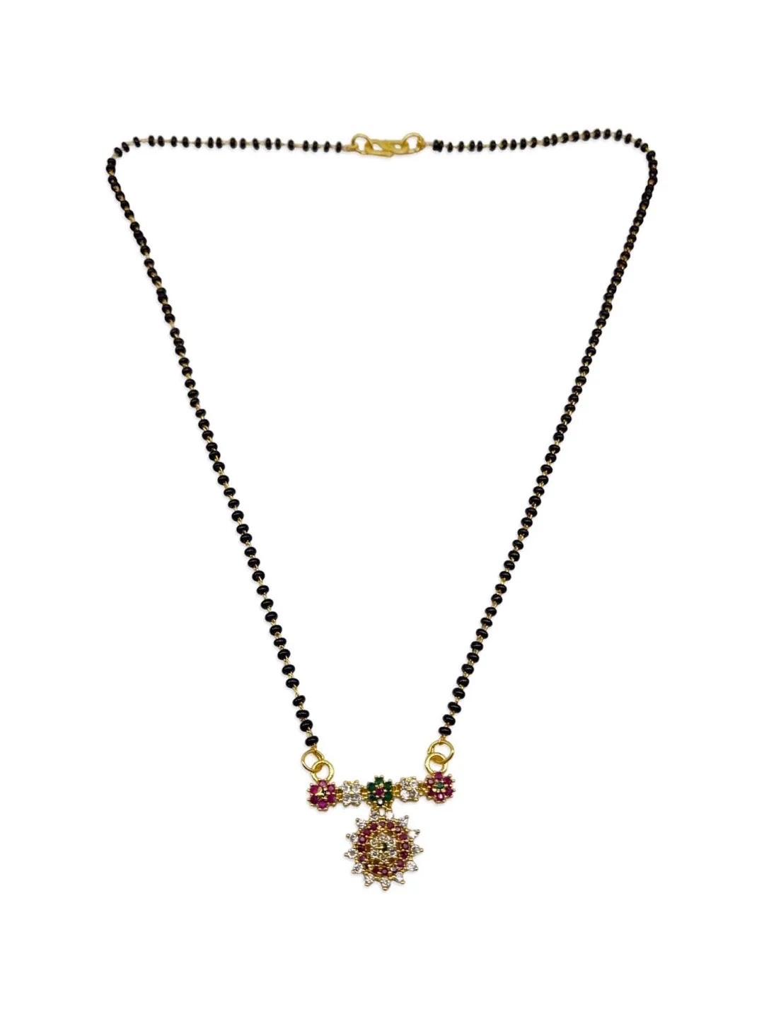 Short Trendy Mangalsutra Designs American Diamond Multi Color Flower Pendant Black Beads Chain
