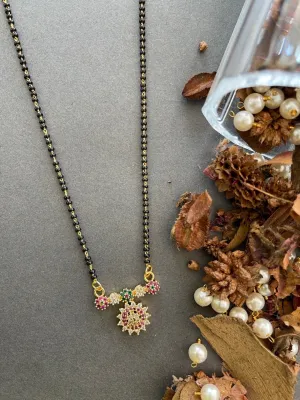 Short Trendy Mangalsutra Designs American Diamond Multi Color Flower Pendant Black Beads Chain