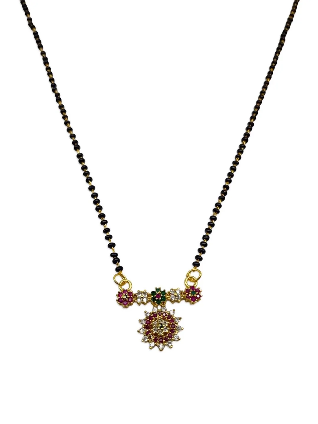 Short Trendy Mangalsutra Designs American Diamond Multi Color Flower Pendant Black Beads Chain