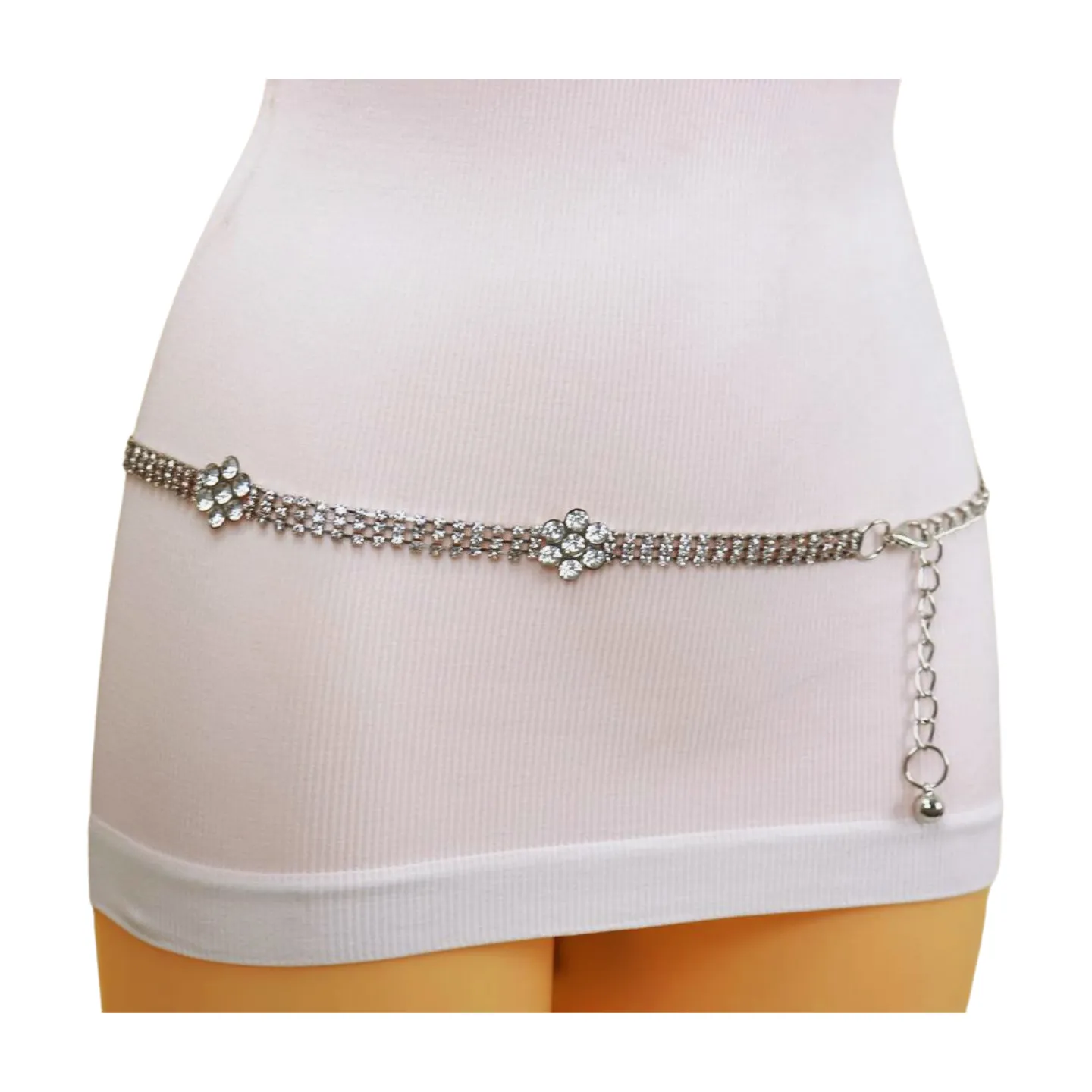 Silver Metal Chain Belt Flower Charm Beads S M L