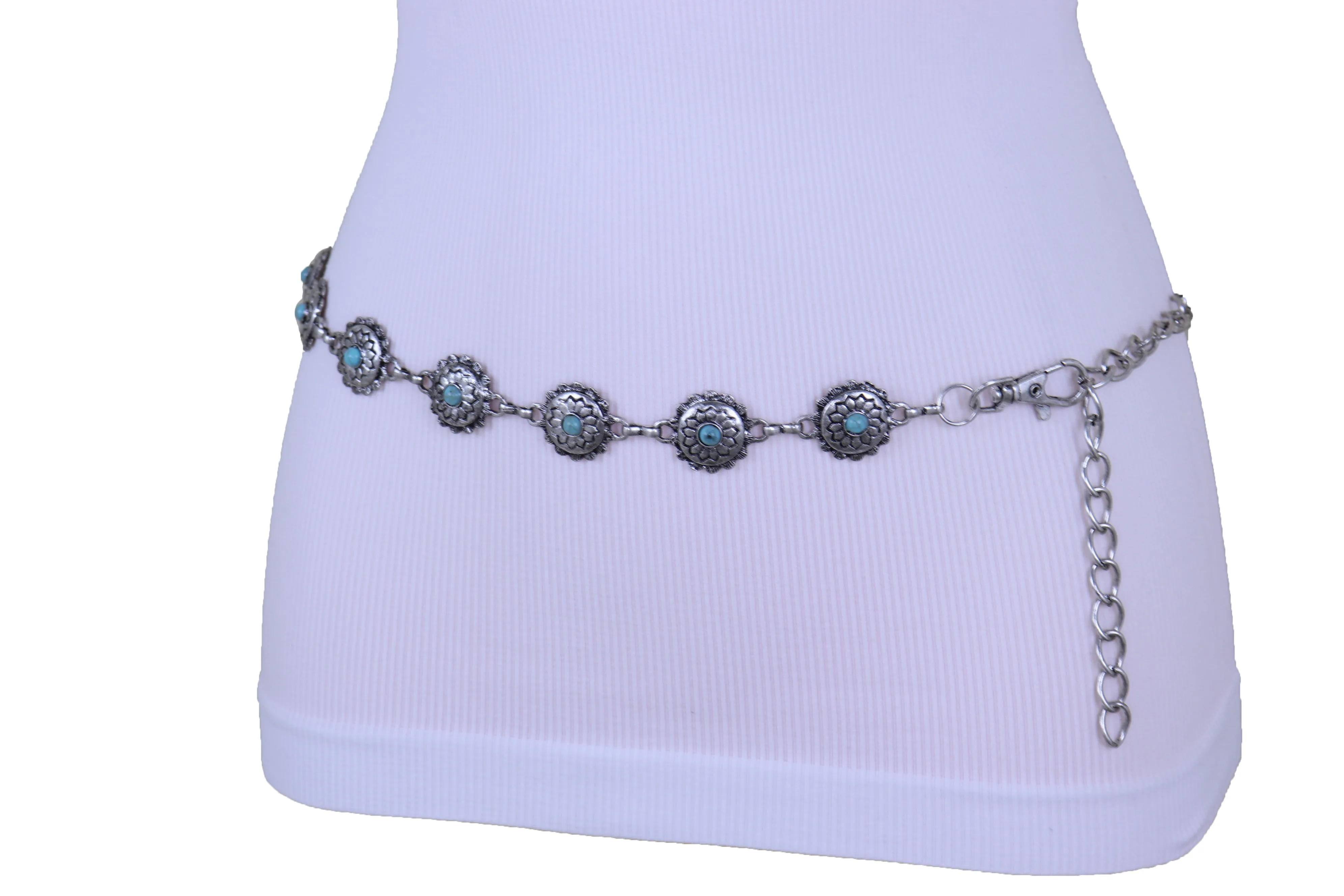 Silver Metal Chain Belt Flower Charm Beads S M L