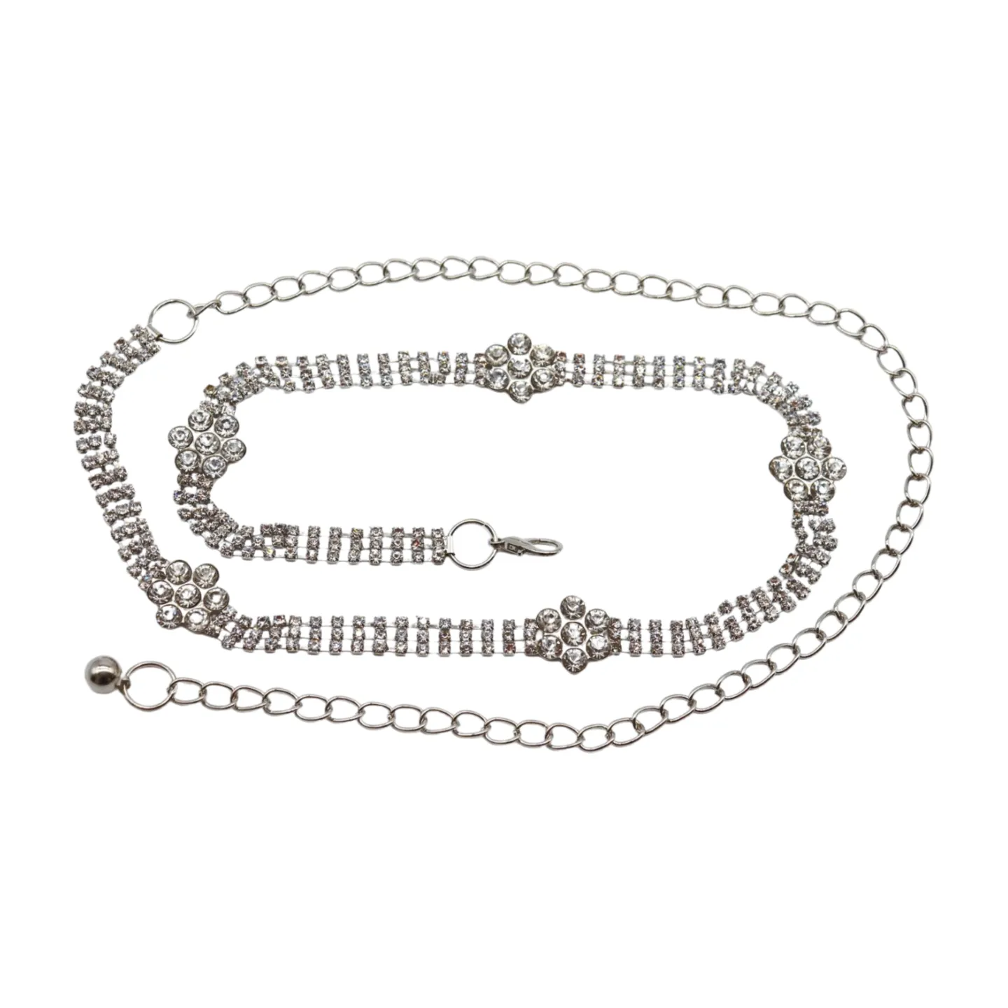 Silver Metal Chain Belt Flower Charm Beads S M L