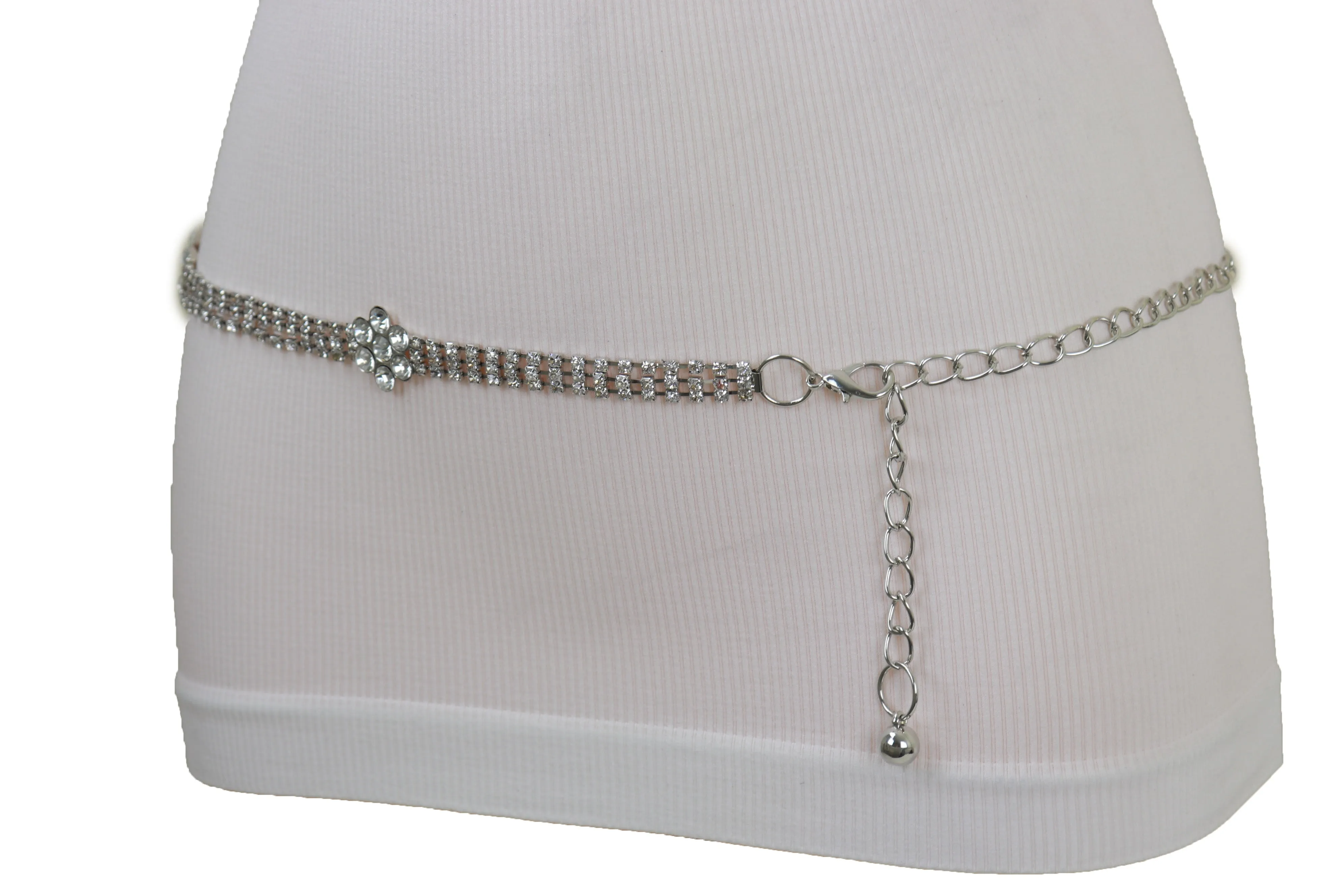 Silver Metal Chain Belt Flower Charm Beads S M L