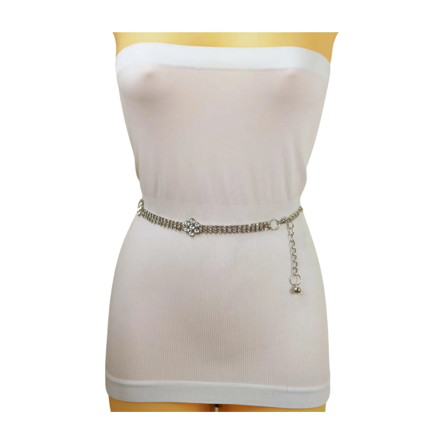 Silver Metal Chain Belt Flower Charm Beads S M L