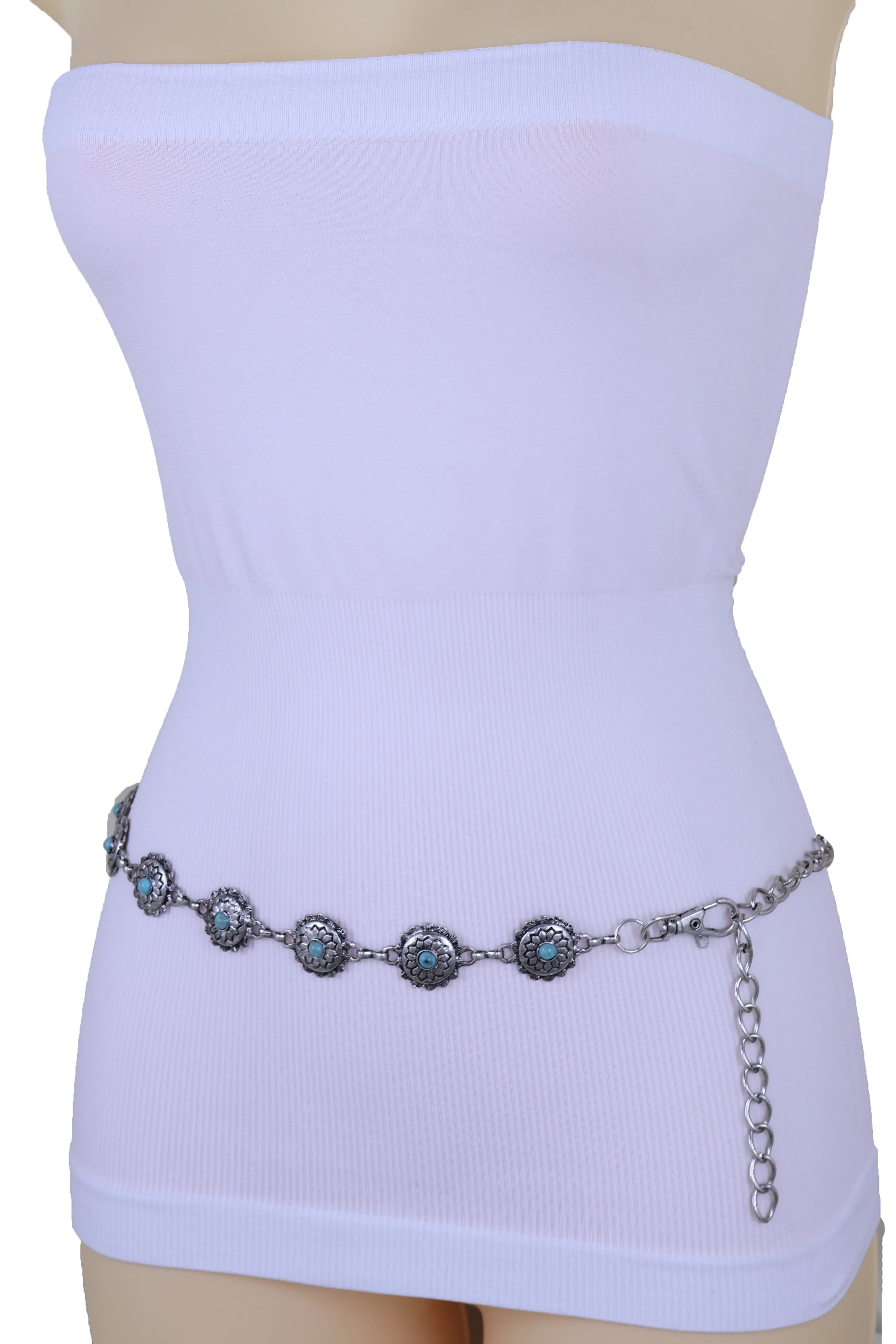 Silver Metal Chain Belt Flower Charm Beads S M L