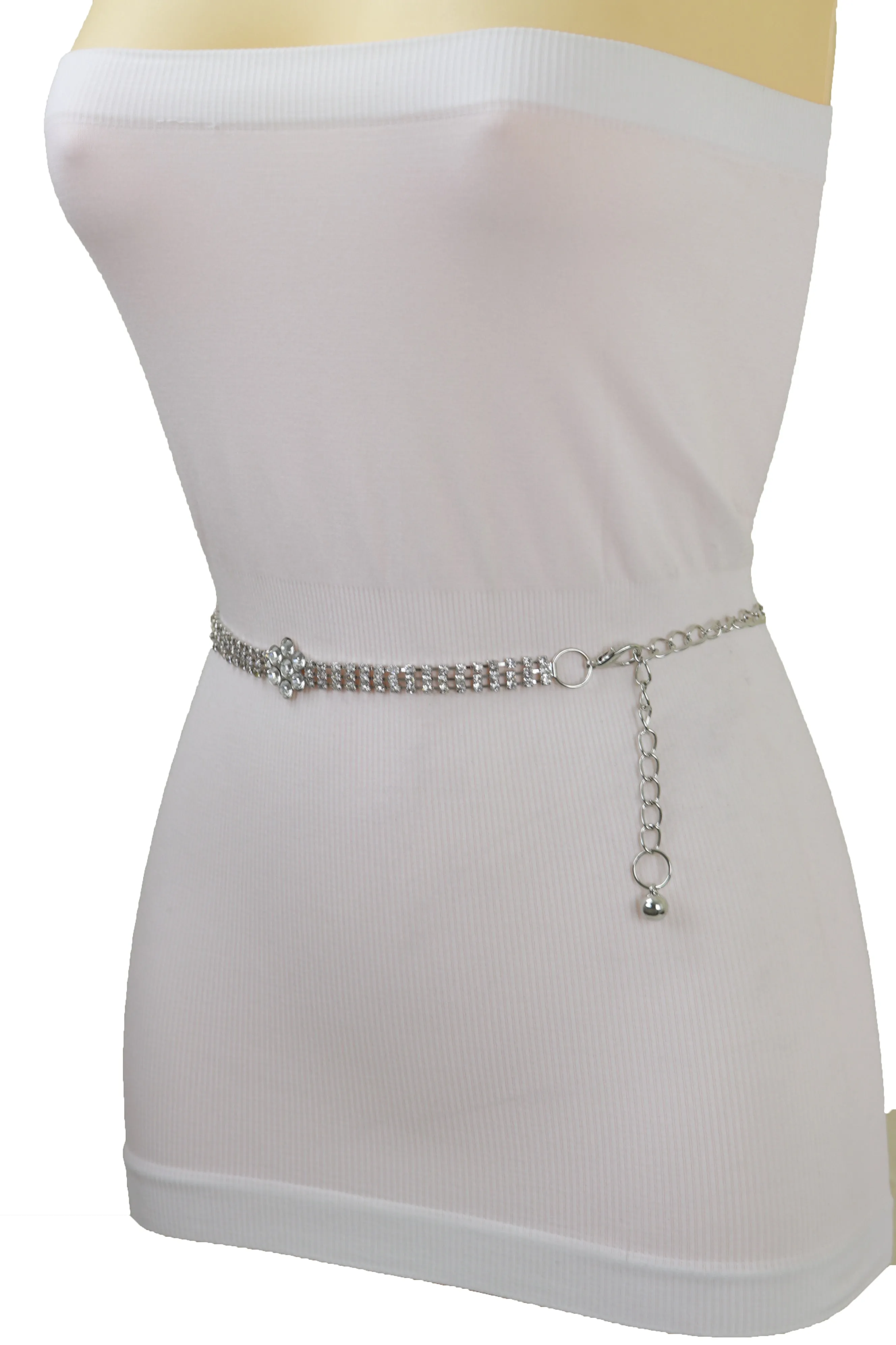 Silver Metal Chain Belt Flower Charm Beads S M L