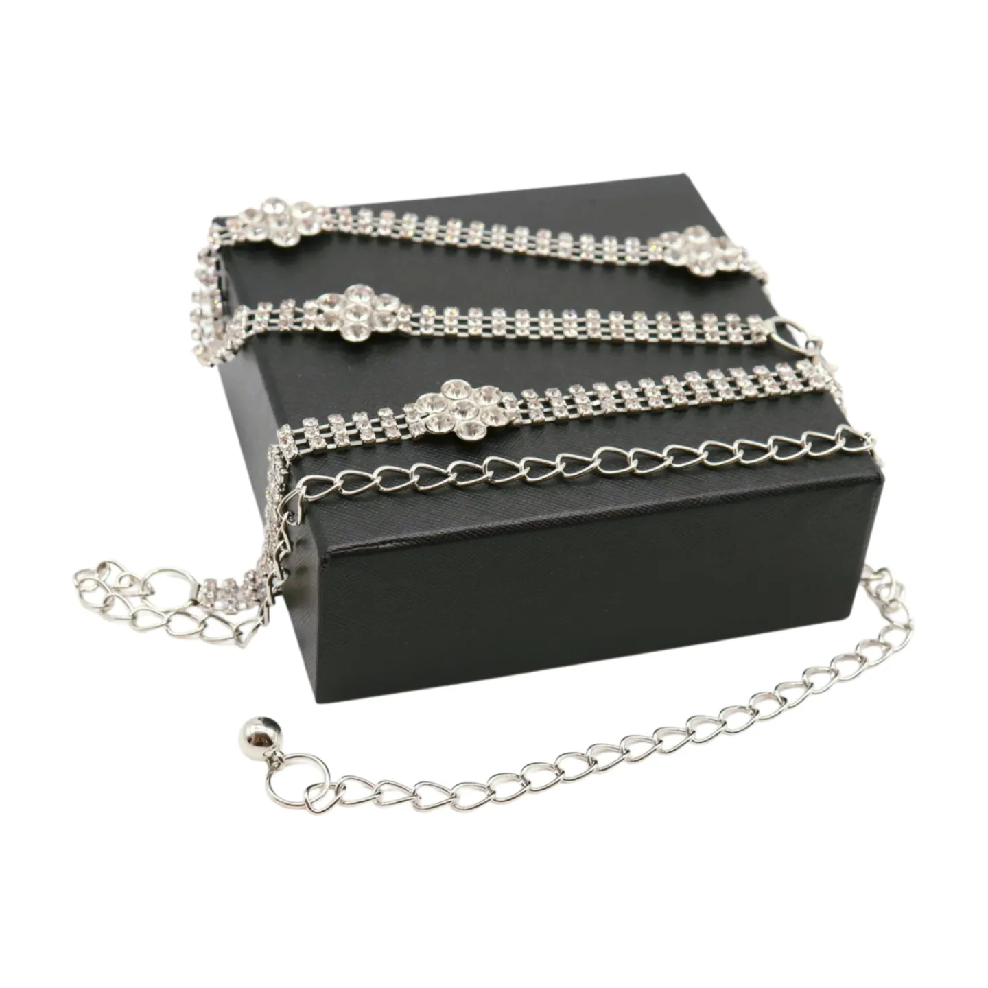 Silver Metal Chain Belt Flower Charm Beads S M L