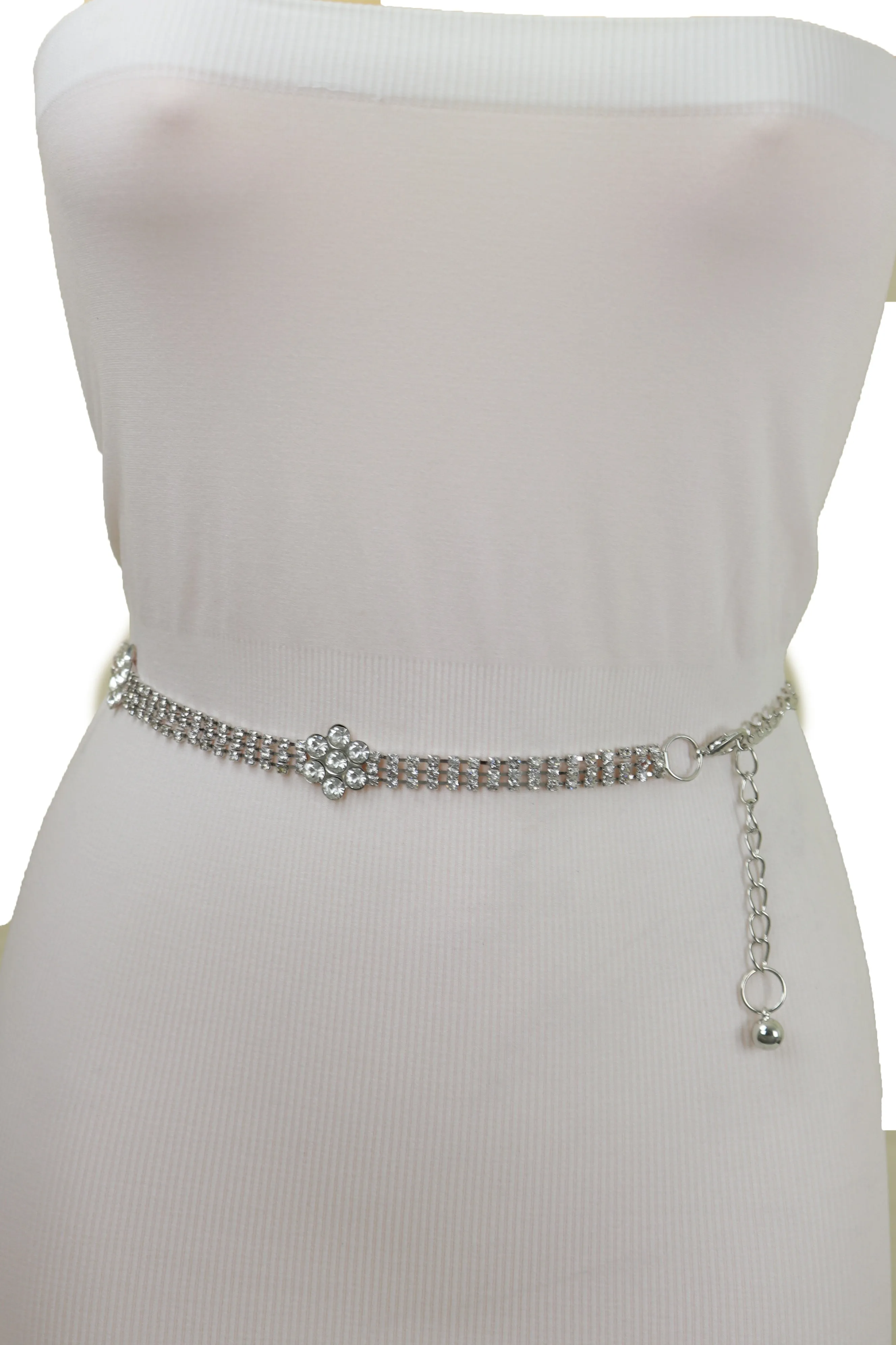 Silver Metal Chain Belt Flower Charm Beads S M L