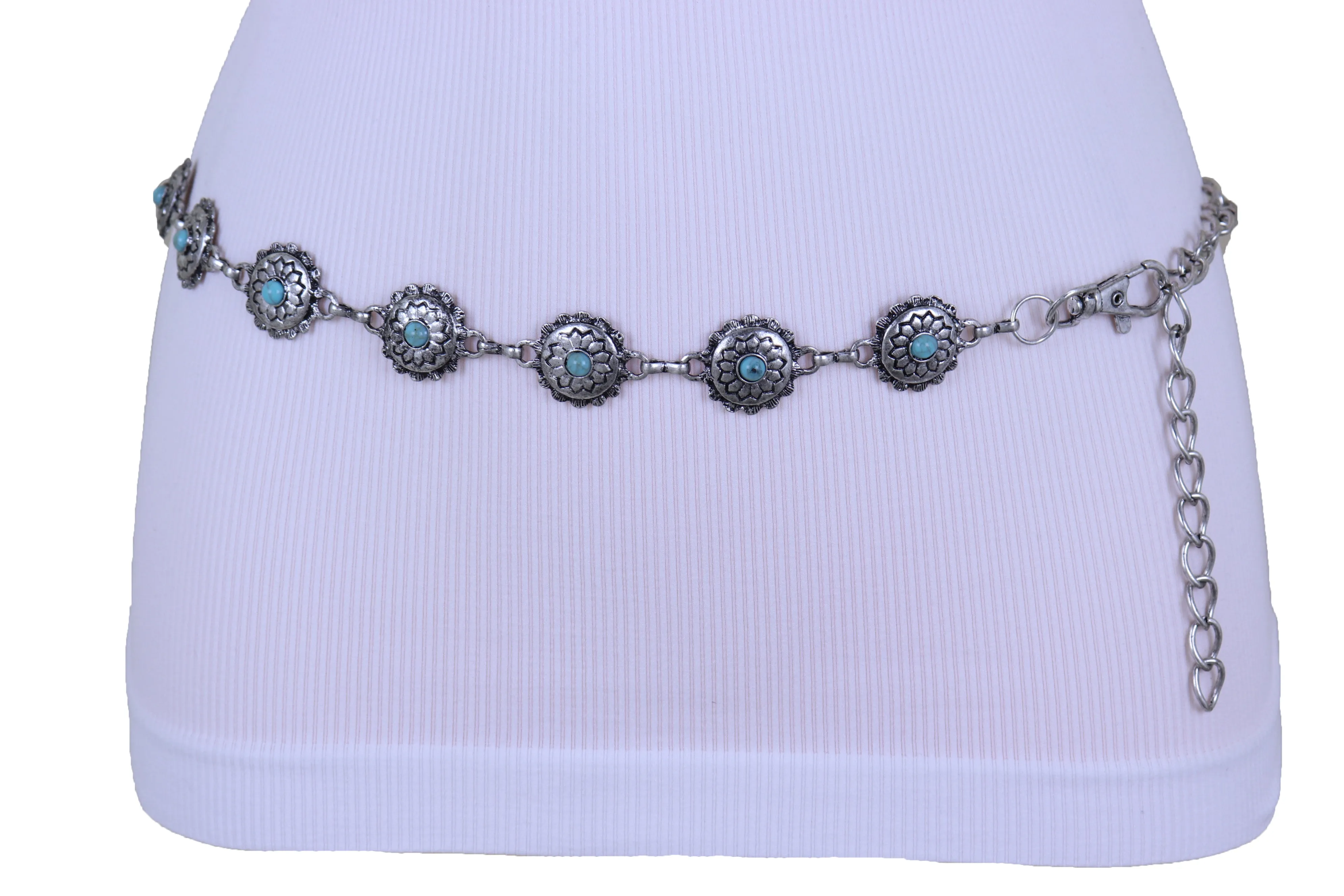 Silver Metal Chain Belt Flower Charm Beads S M L