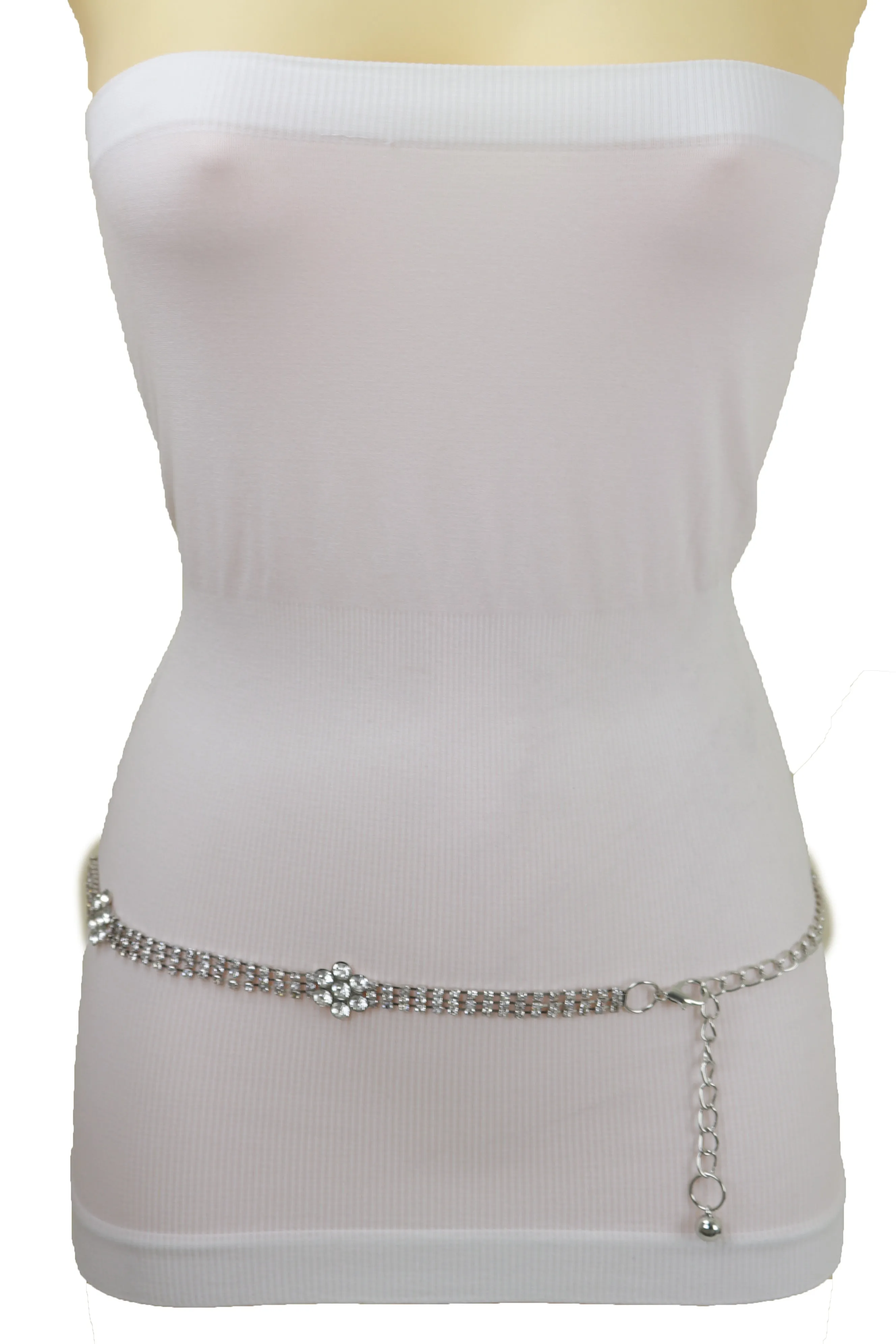 Silver Metal Chain Belt Flower Charm Beads S M L
