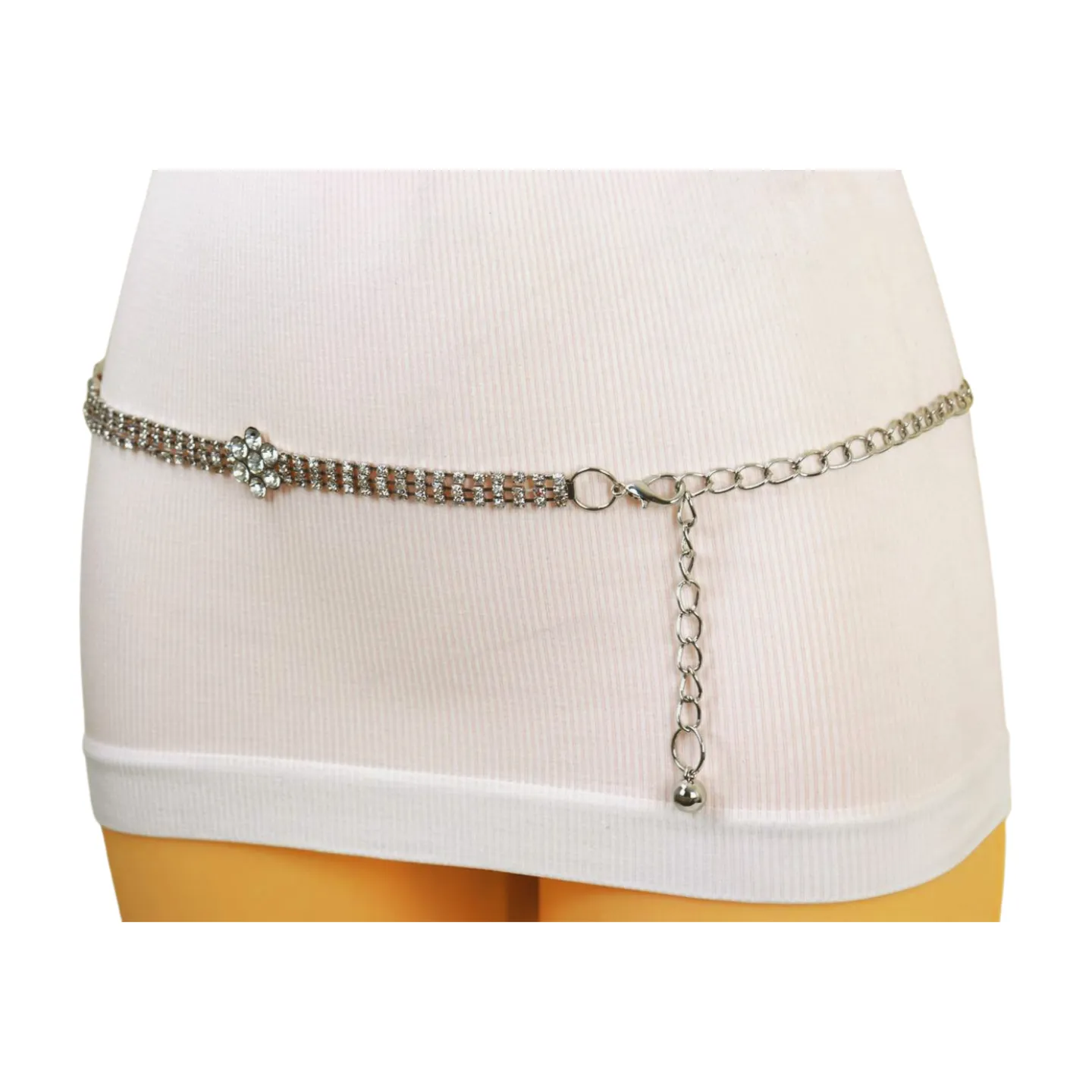 Silver Metal Chain Belt Flower Charm Beads S M L