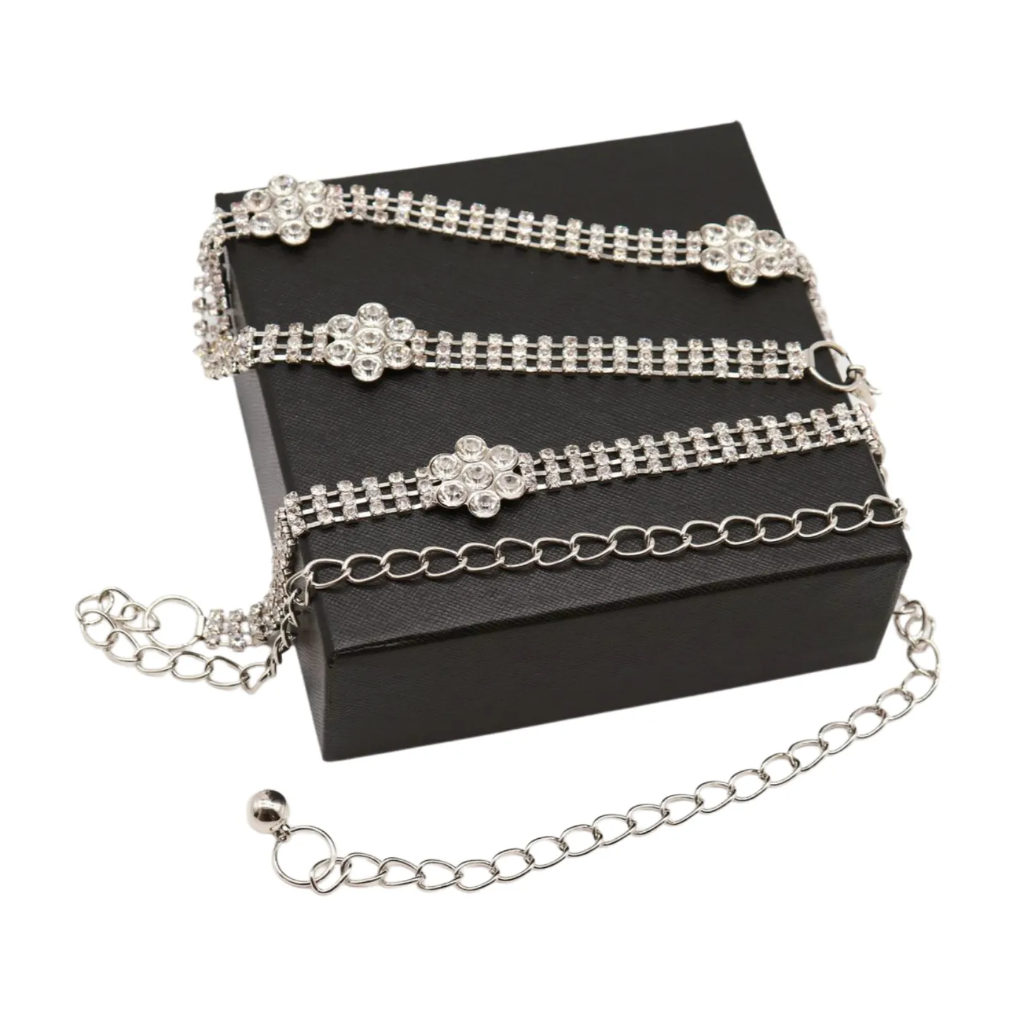 Silver Metal Chain Belt Flower Charm Beads S M L