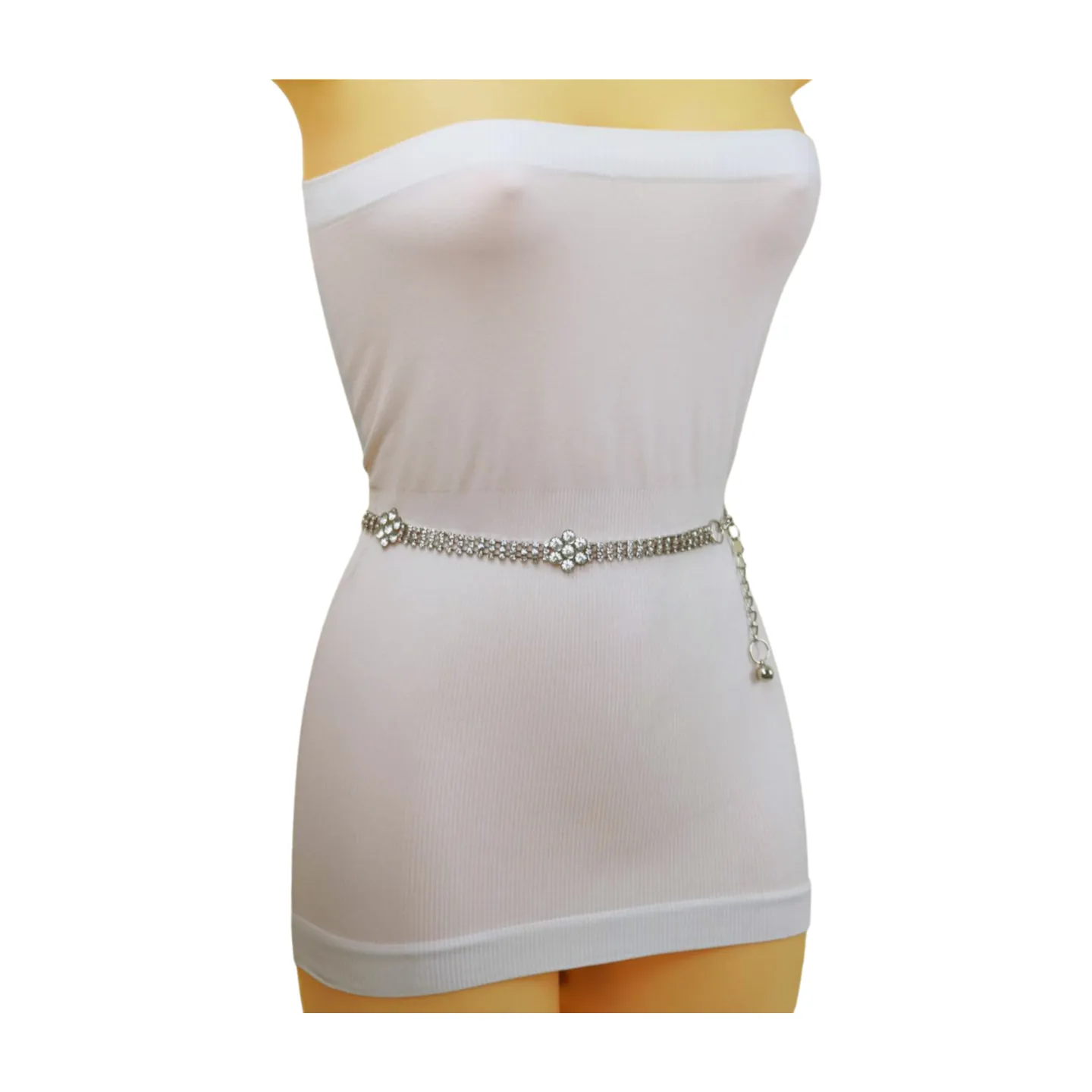 Silver Metal Chain Belt Flower Charm Beads S M L