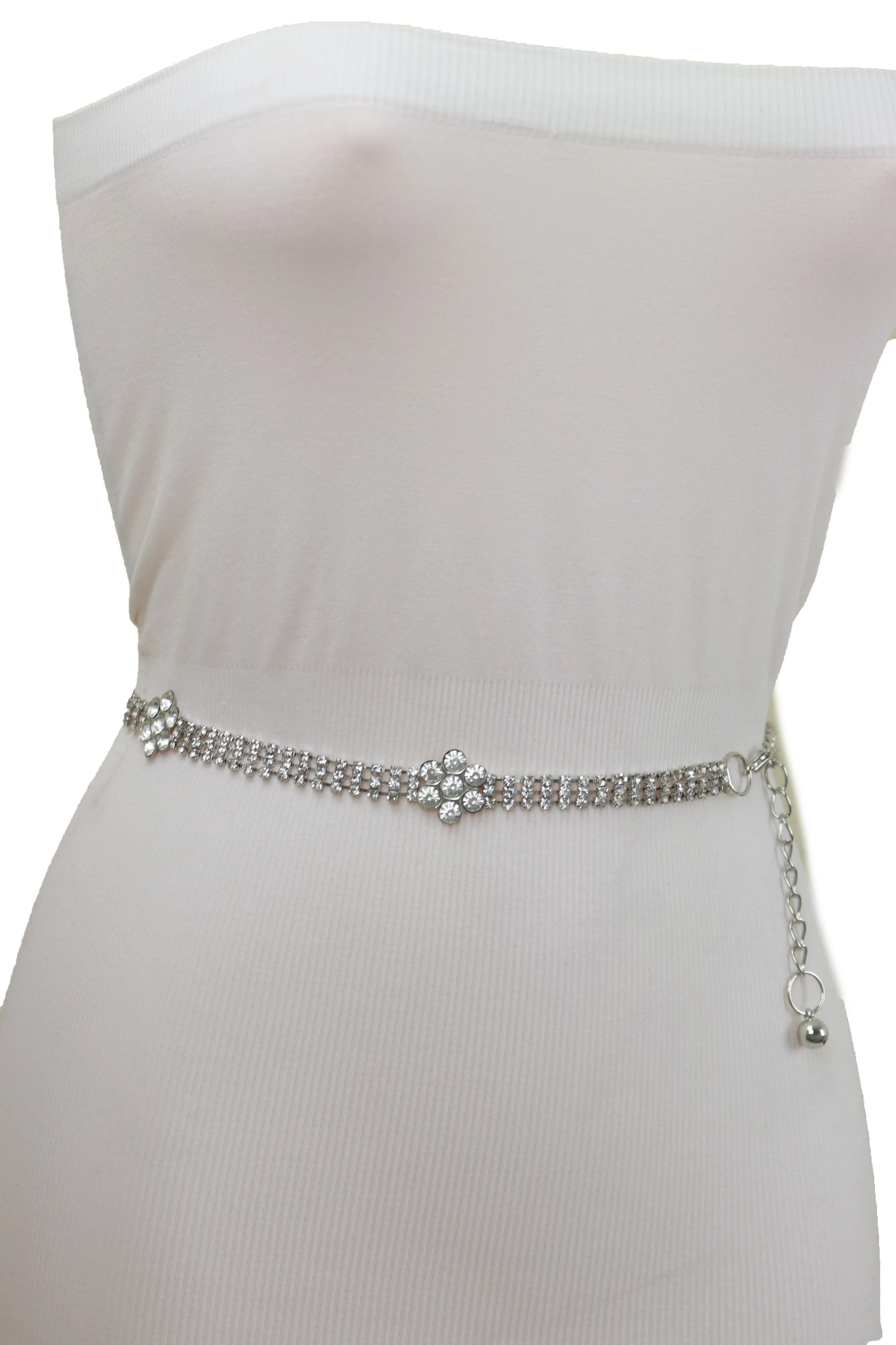 Silver Metal Chain Belt Flower Charm Beads S M L