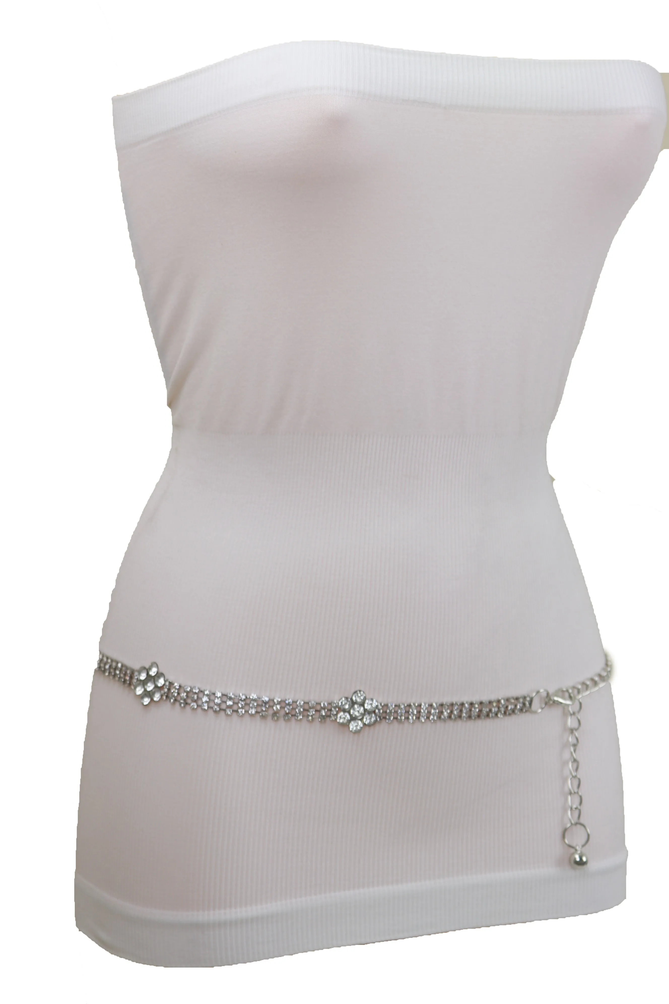 Silver Metal Chain Belt Flower Charm Beads S M L