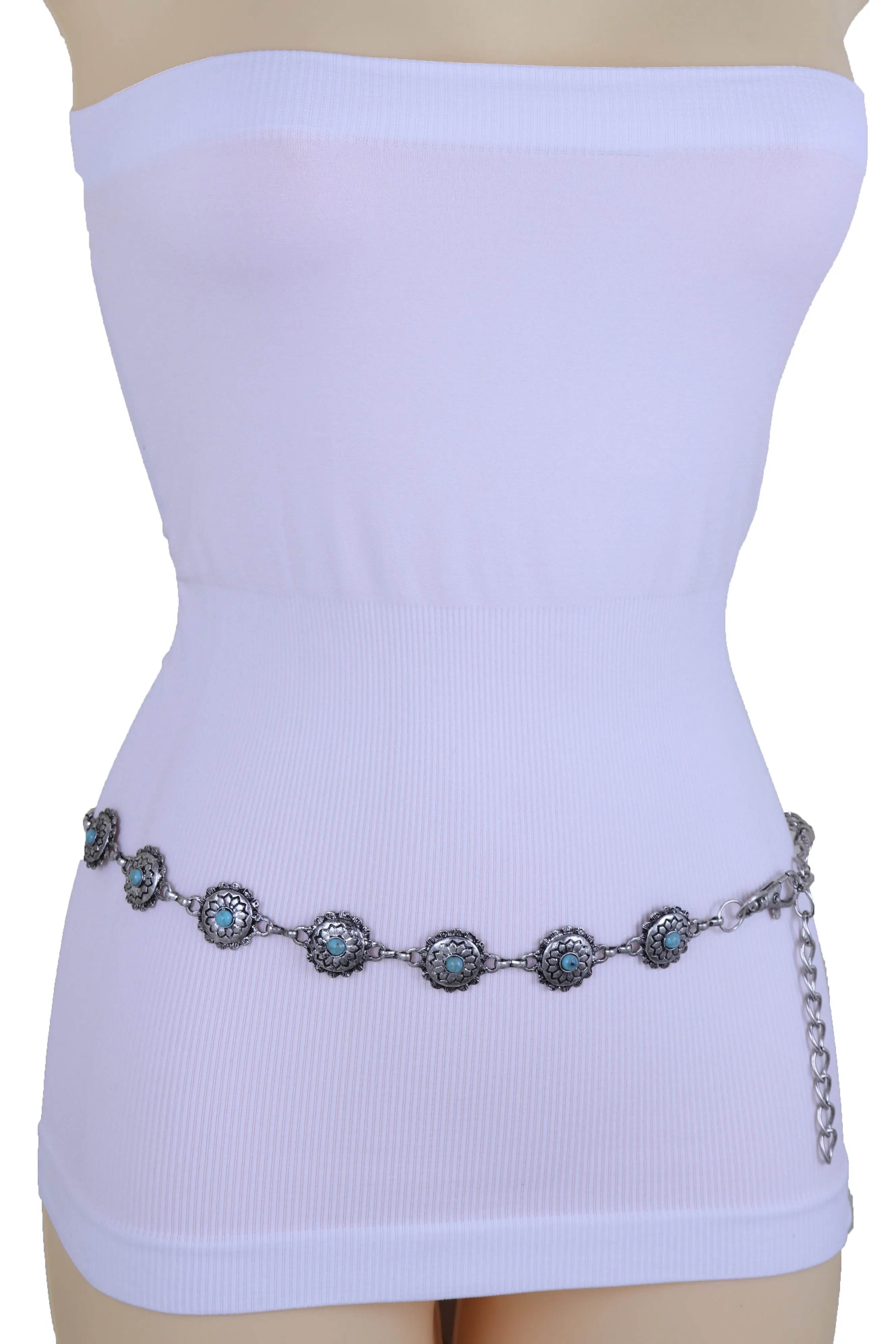 Silver Metal Chain Belt Flower Charm Beads S M L