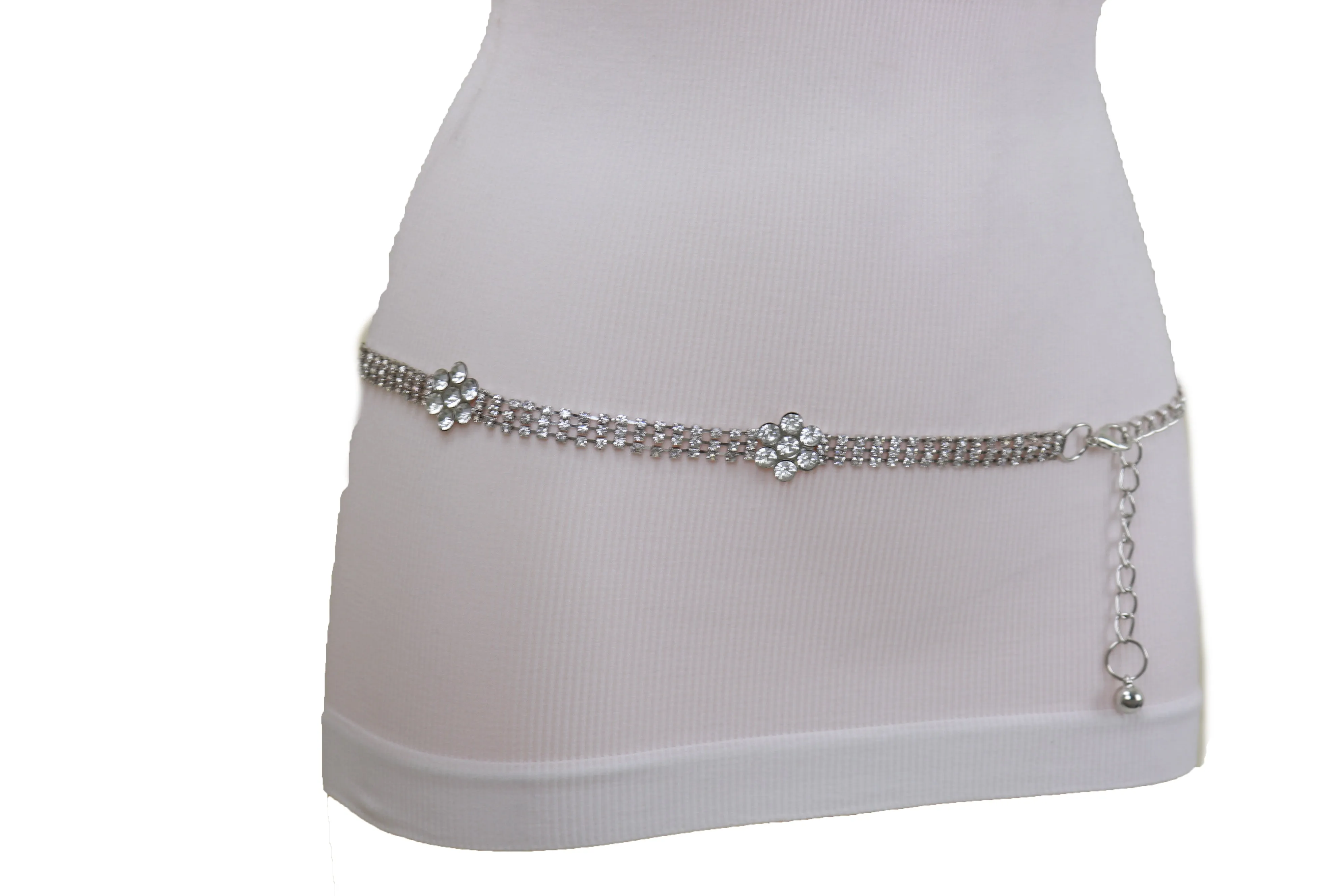Silver Metal Chain Belt Flower Charm Beads S M L