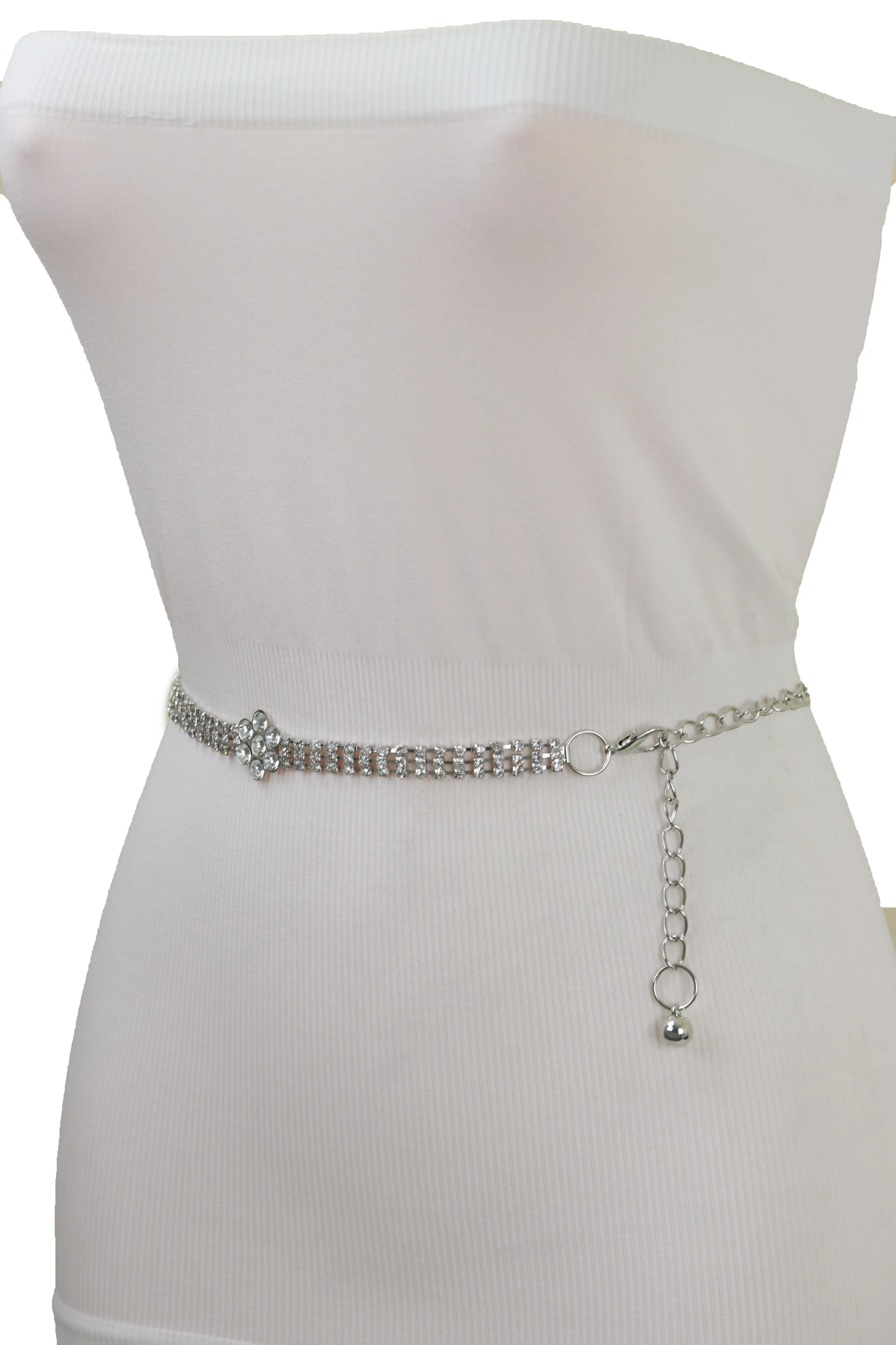 Silver Metal Chain Belt Flower Charm Beads S M L