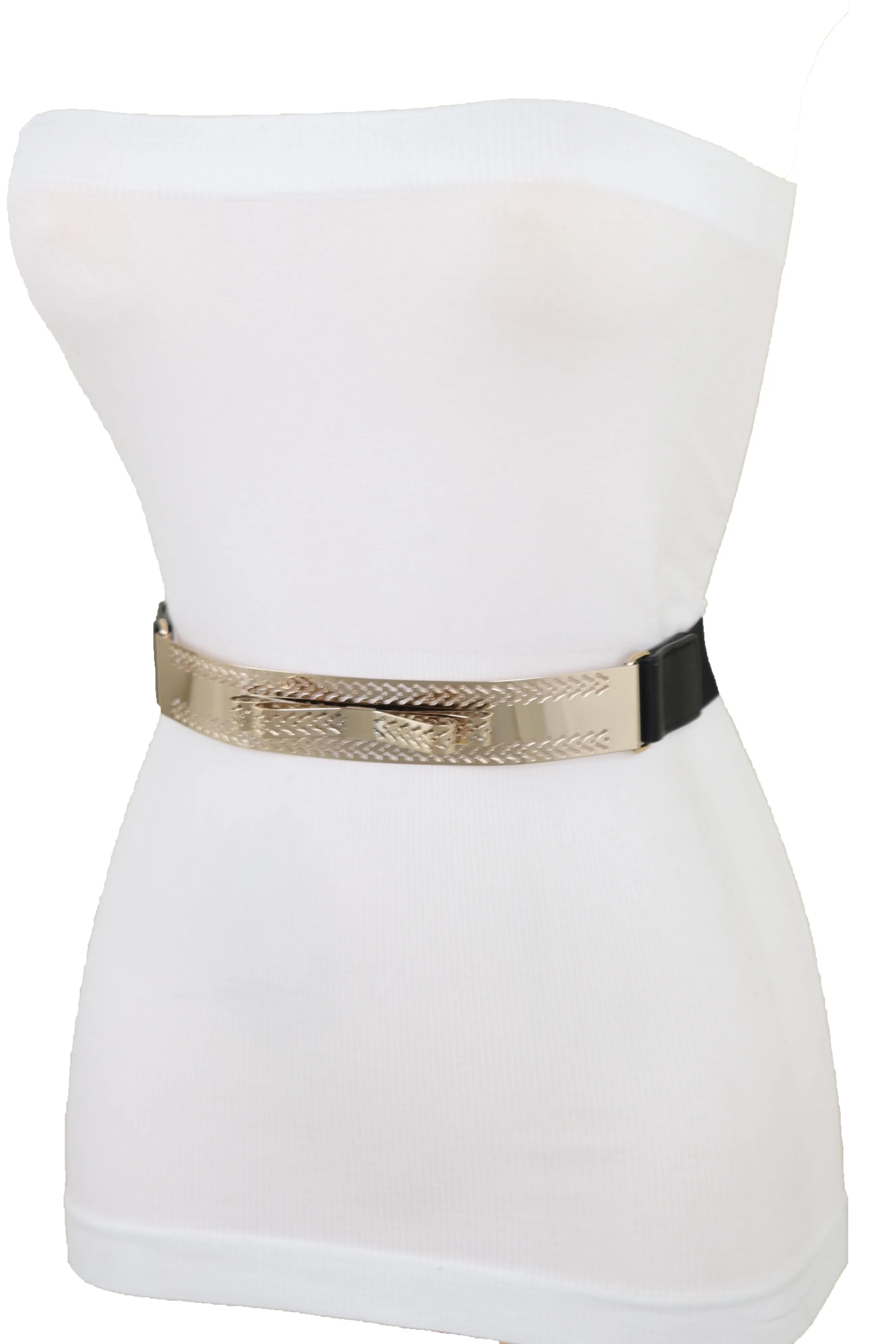 Skinny Black Elastic Waistband Belt Hip Waist Gold Metal Plate Bow Tie S M