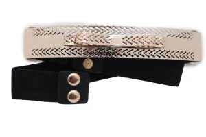 Skinny Black Elastic Waistband Belt Hip Waist Gold Metal Plate Bow Tie S M