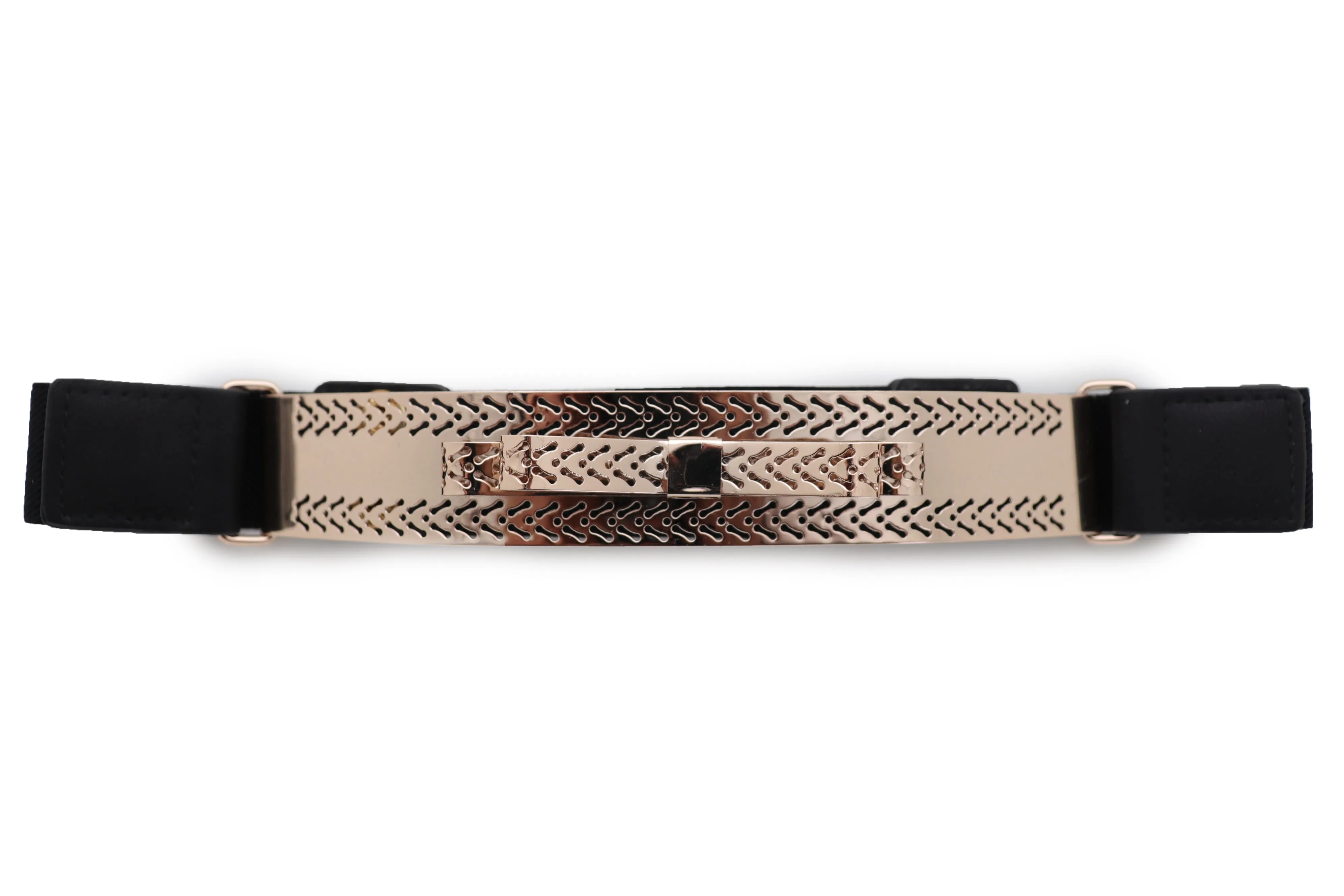 Skinny Black Elastic Waistband Belt Hip Waist Gold Metal Plate Bow Tie S M